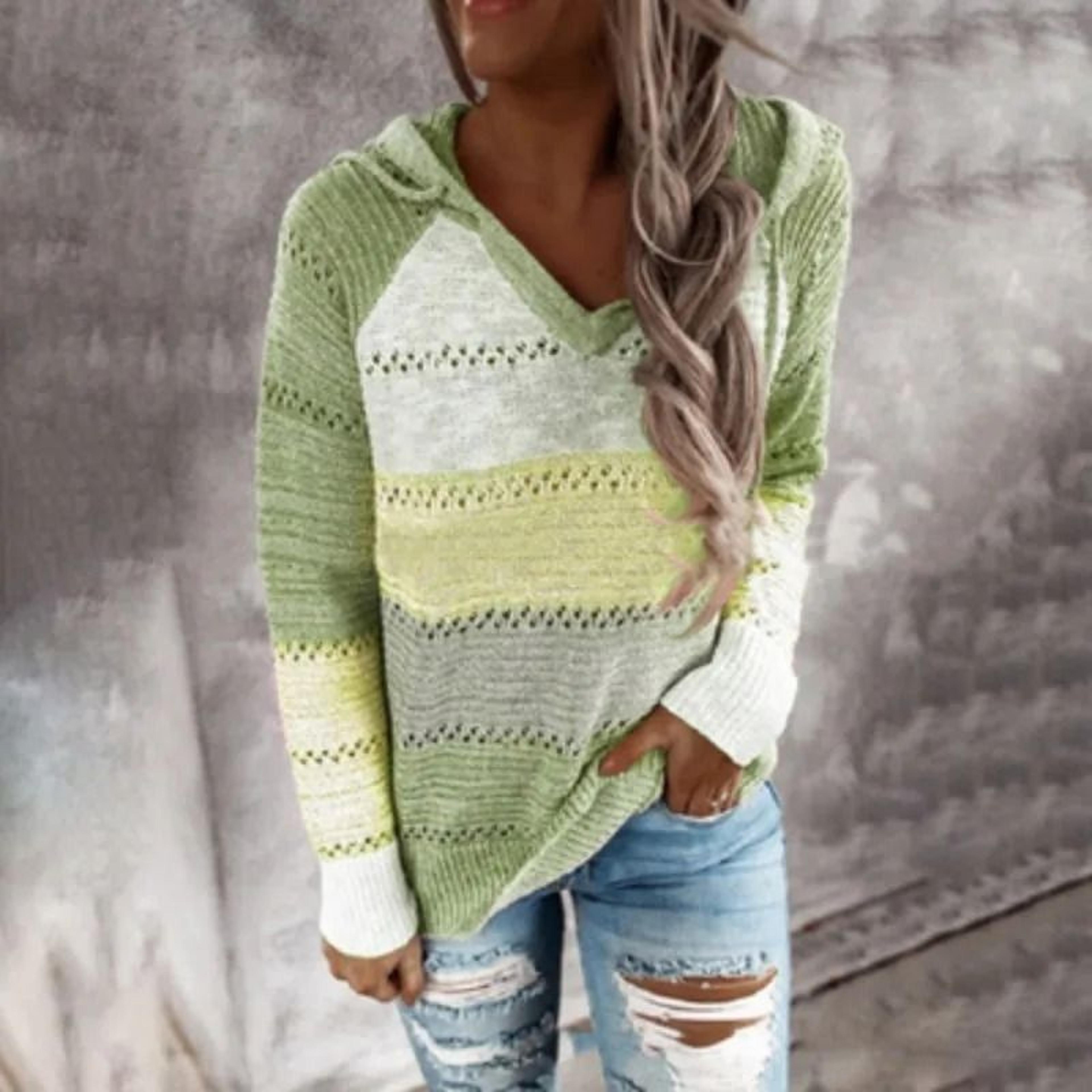 Women Patchwork Hooded Sweater Long Sleeve Knit Pullover 3
