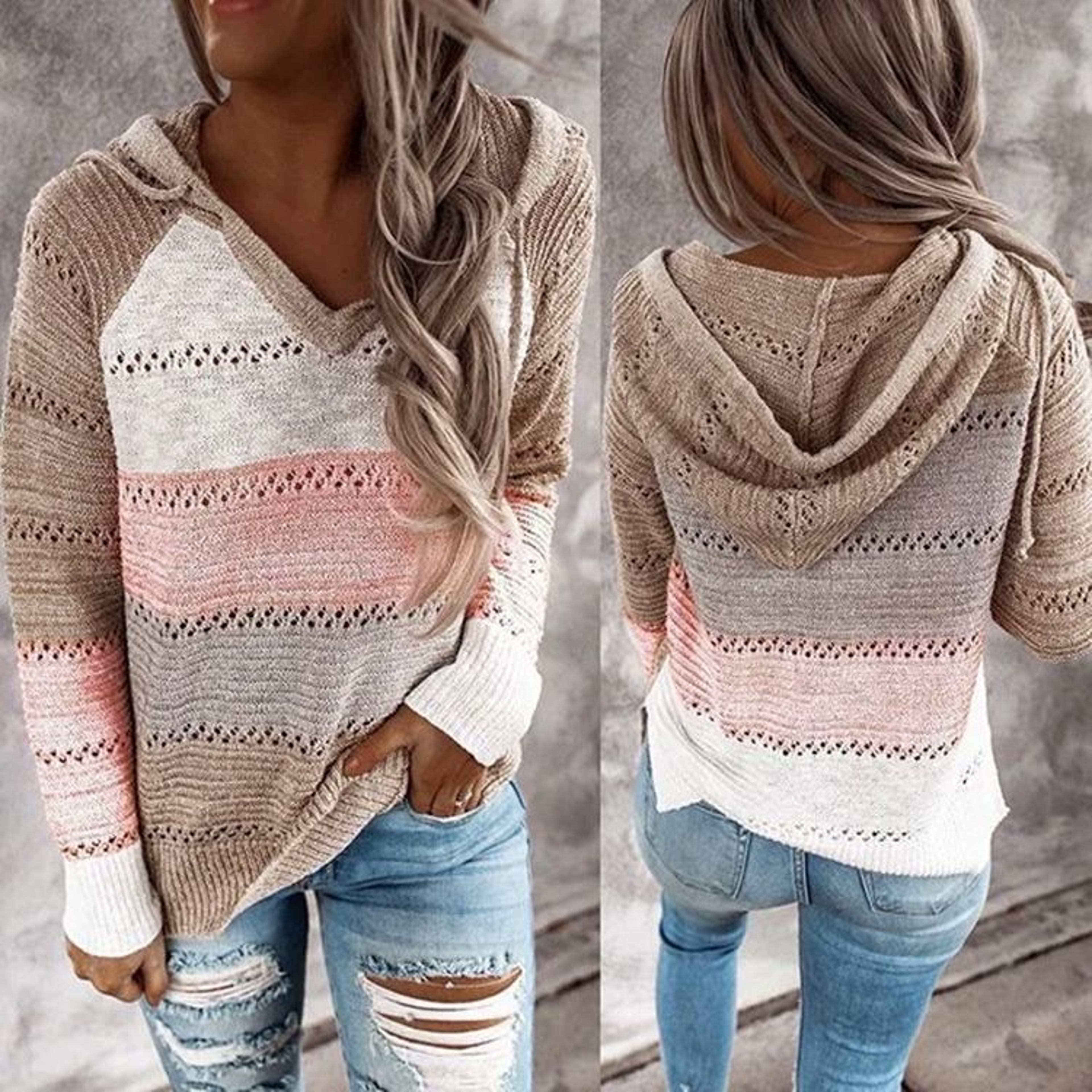 Women Patchwork Hooded Sweater Long Sleeve Knit Pullover 6