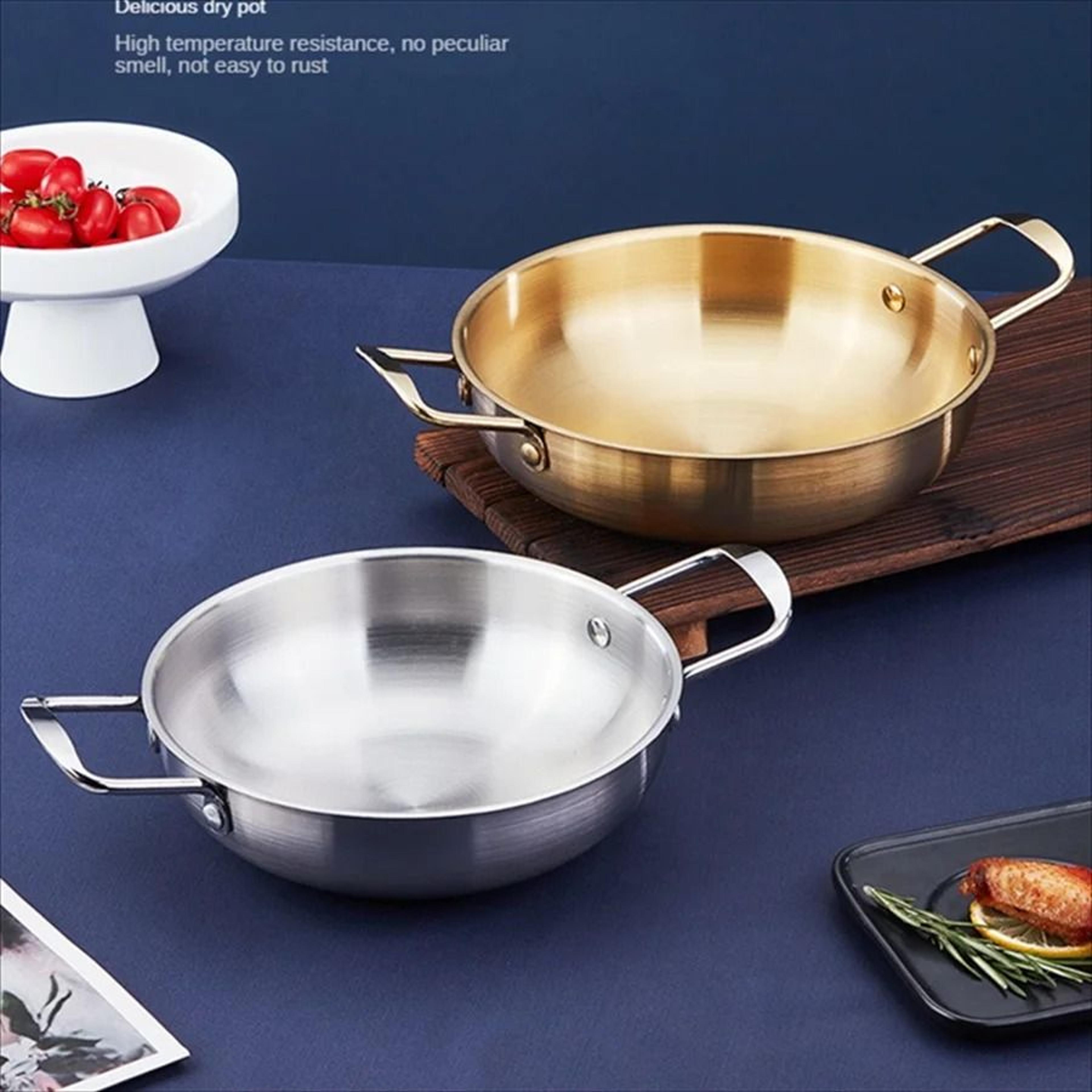 stainless steel cooking and serving pan with handles