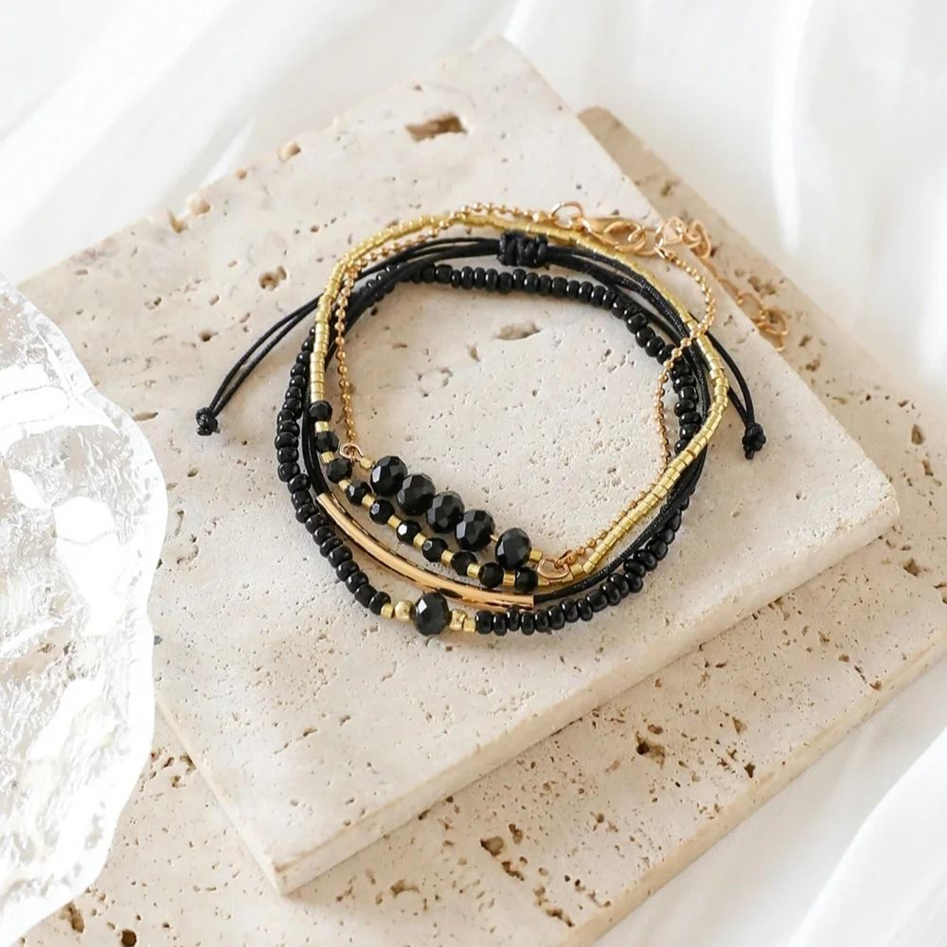 4 Piece Black Glass Stone Bracelet Set 3