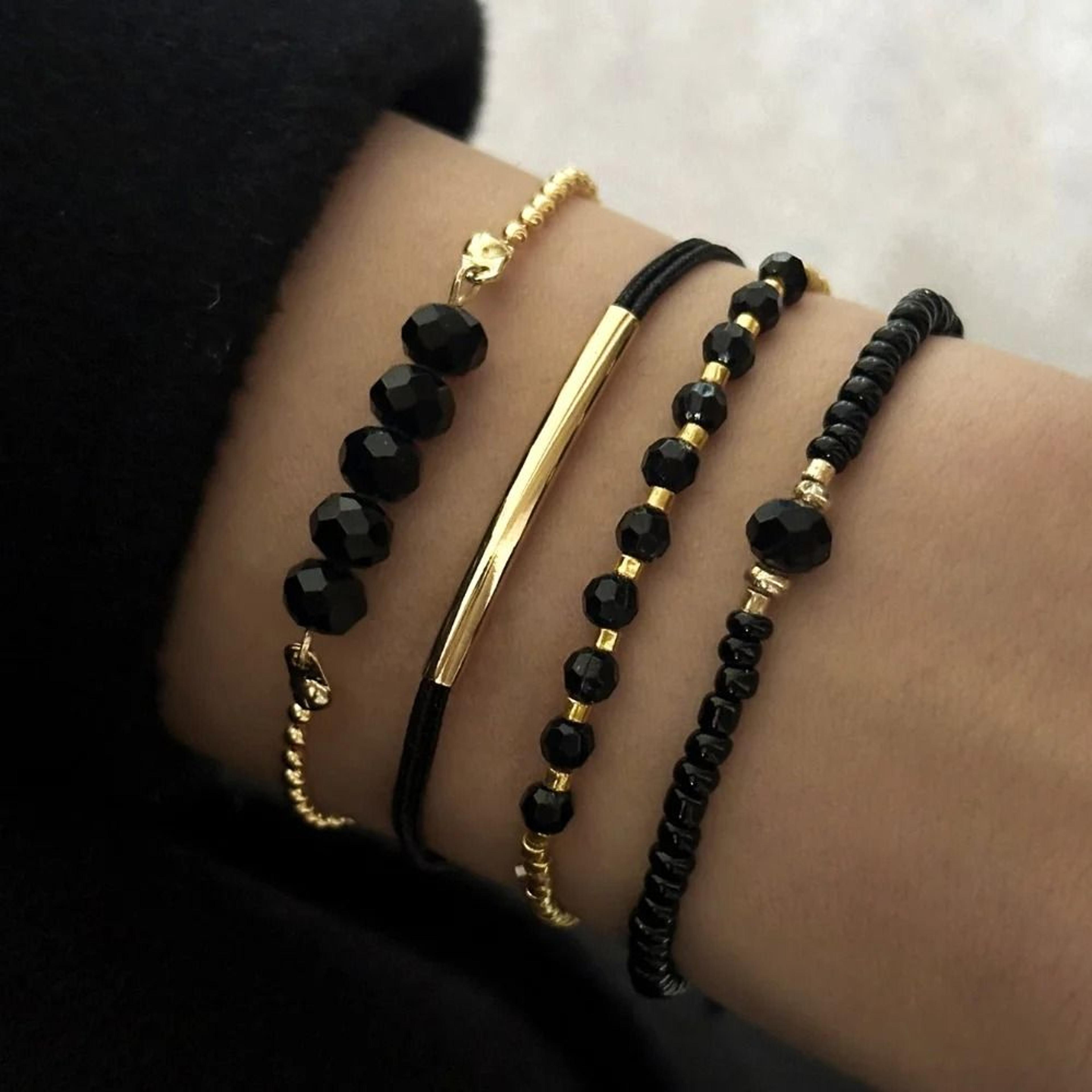 4 Piece Black Glass Stone Bracelet Set 6
