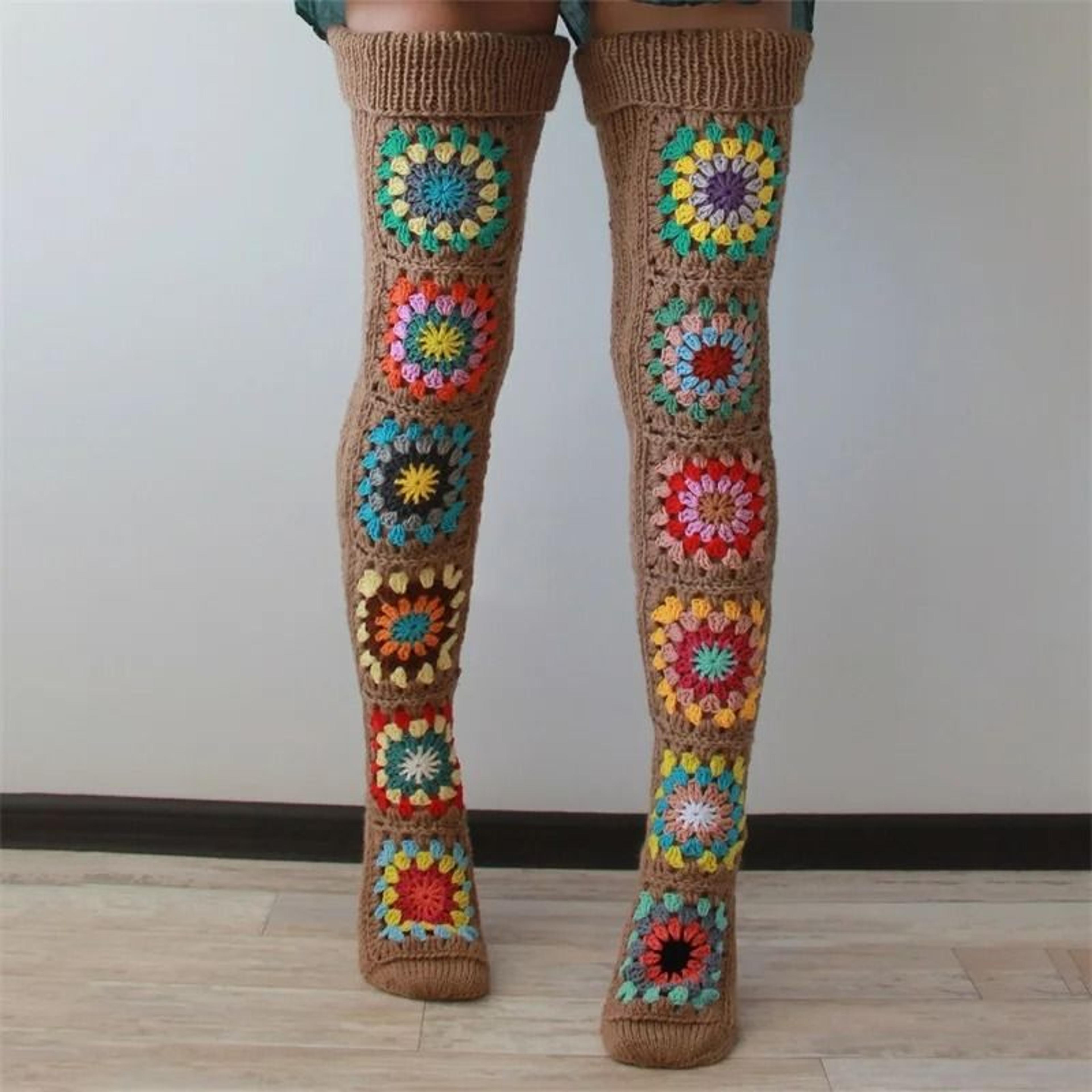 Autumn Winter Extra Long Crochet Knit Thigh High Socks For Women Over Knee Ethnic Style Stockings 1