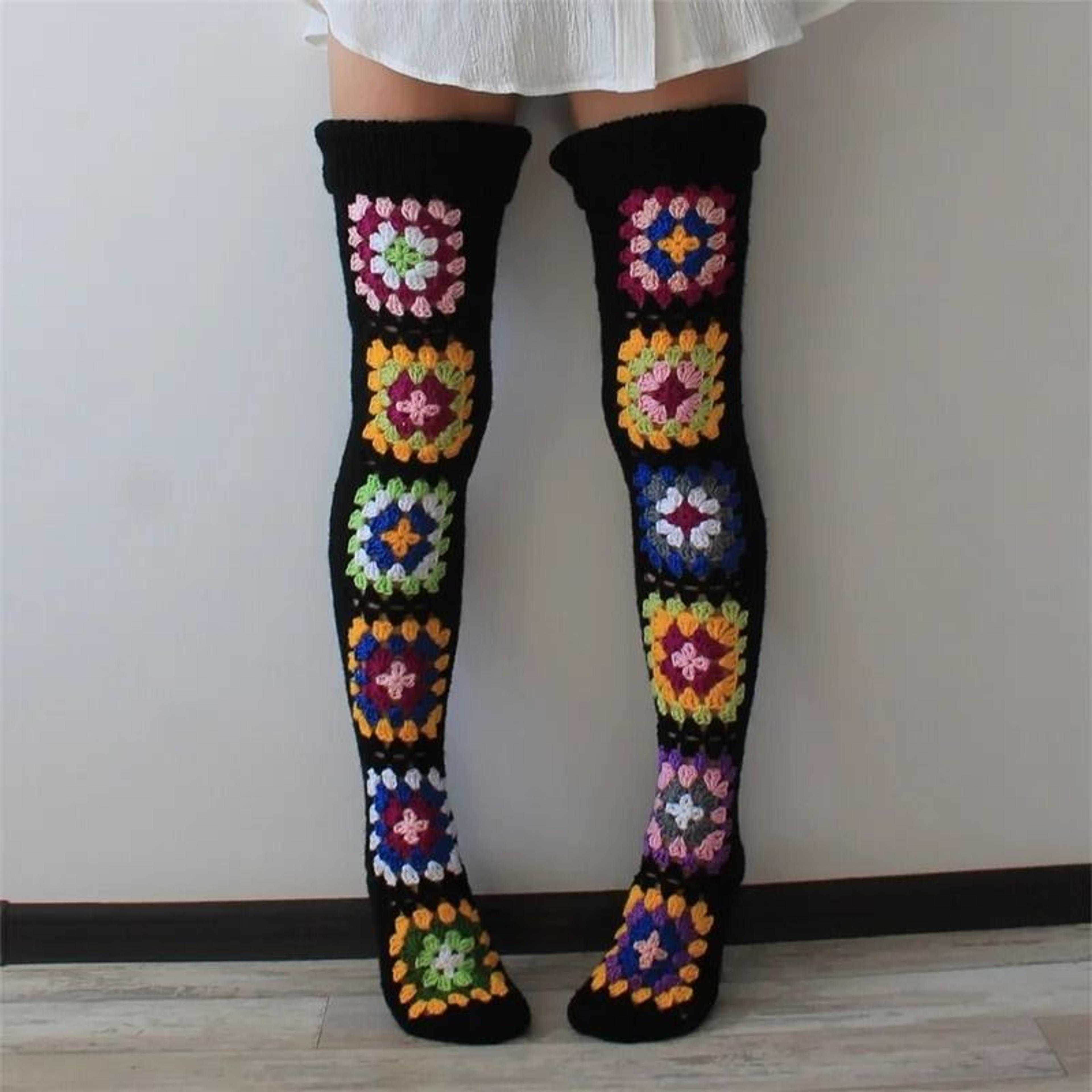 Autumn Winter Extra Long Crochet Knit Thigh High Socks For Women Over Knee Ethnic Style Stockings 3