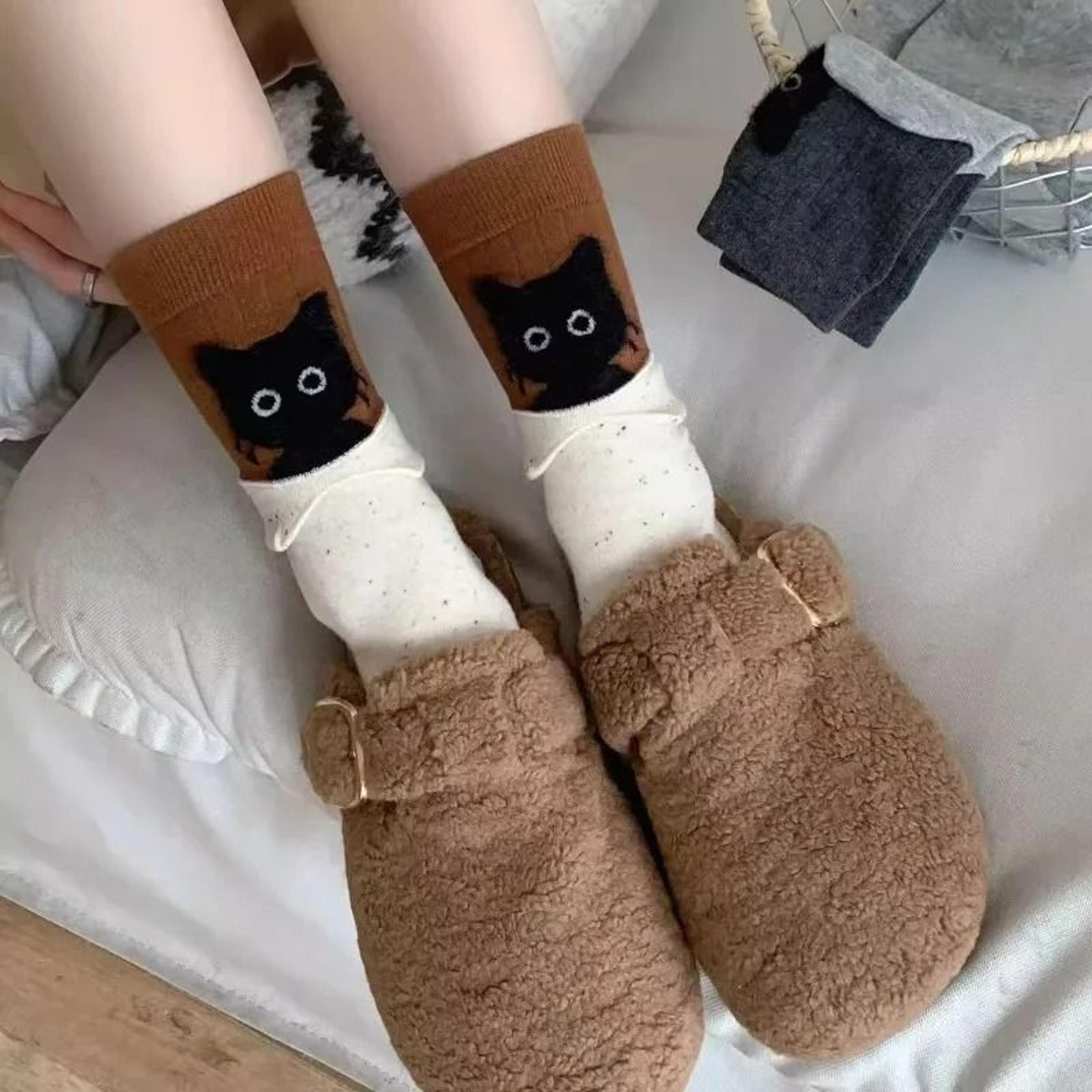 Autumn Winter Peekaboo Cat Mid Calf Socks Cute Warm Kawaii Cartoon Cotton Sleep Socks 3