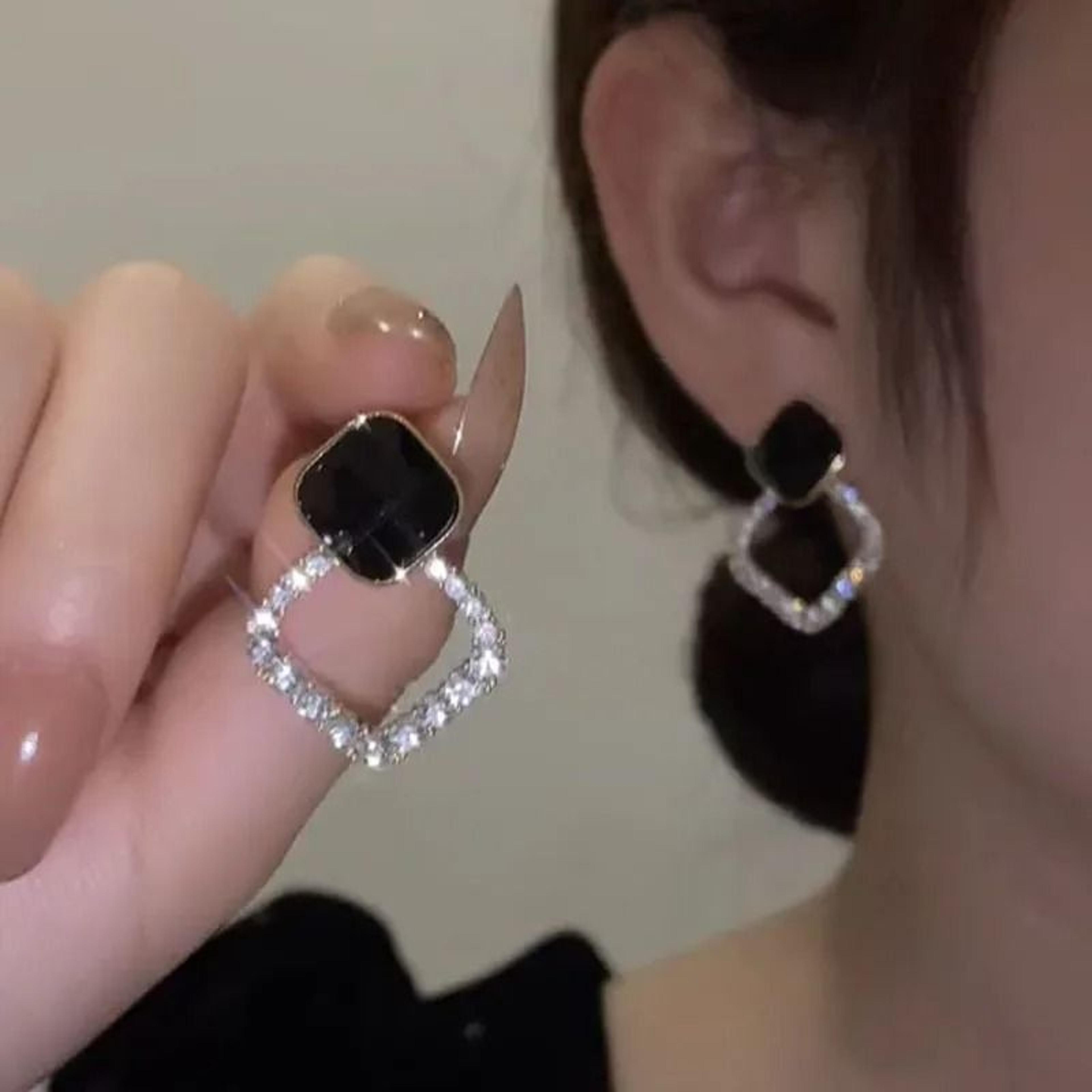Black Zircon Square Stud Earrings  Shiny Geometric Statement Jewelry For Women 5