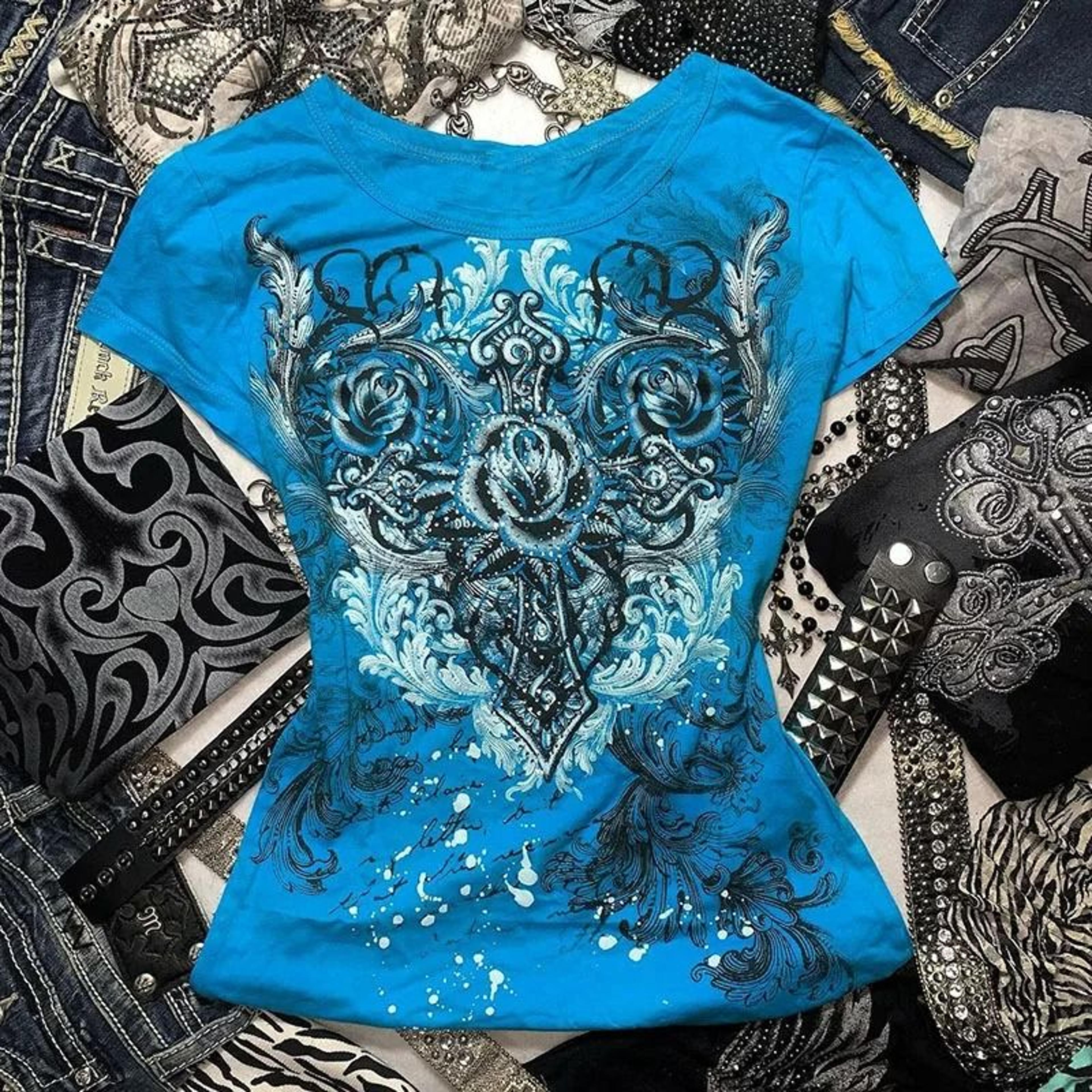 Women Y2k Grunge Rhinestone Heart Rose T Shirt 6