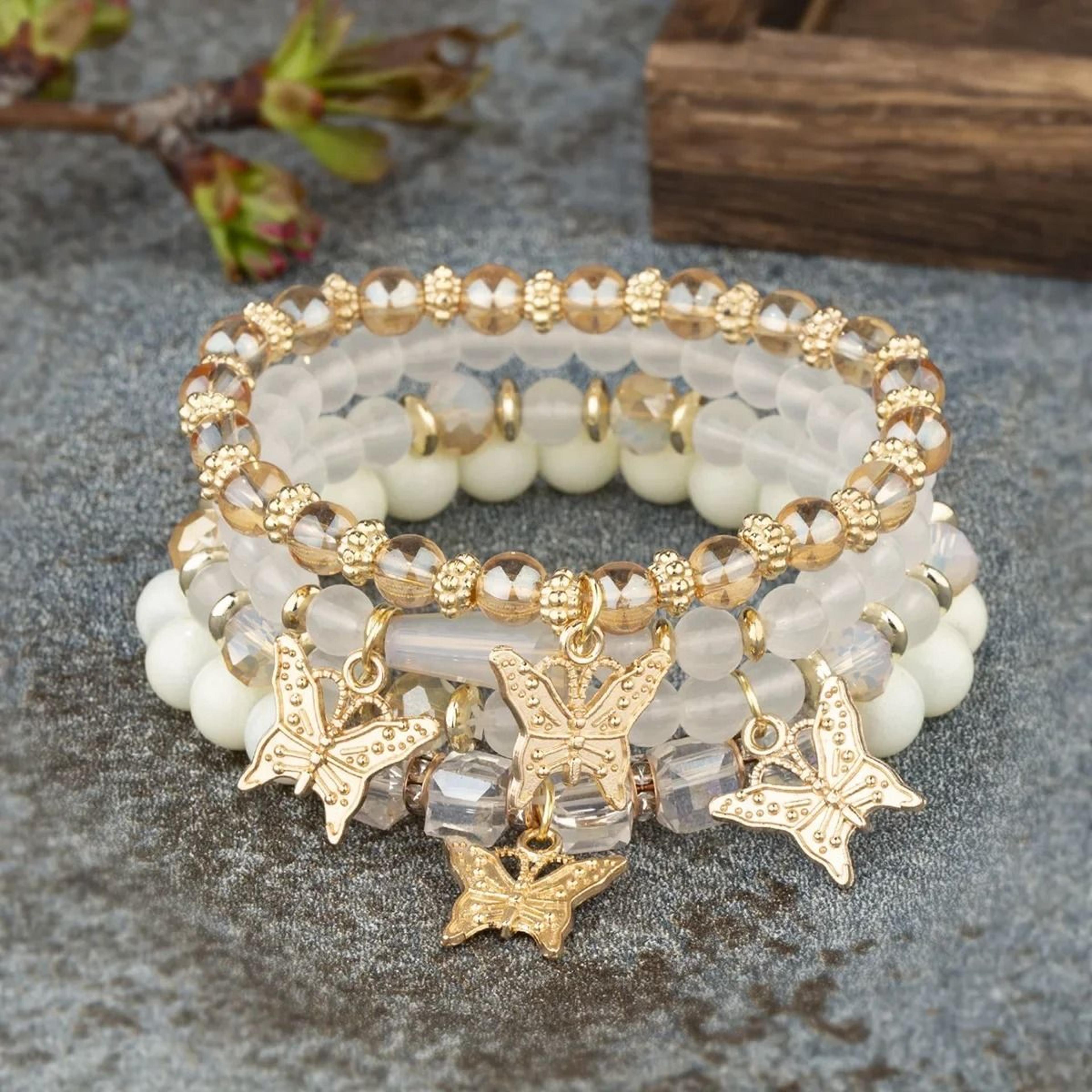 Butterfly Beaded Bracelet Set For Women Bohemian Style Elastic Bangles 6