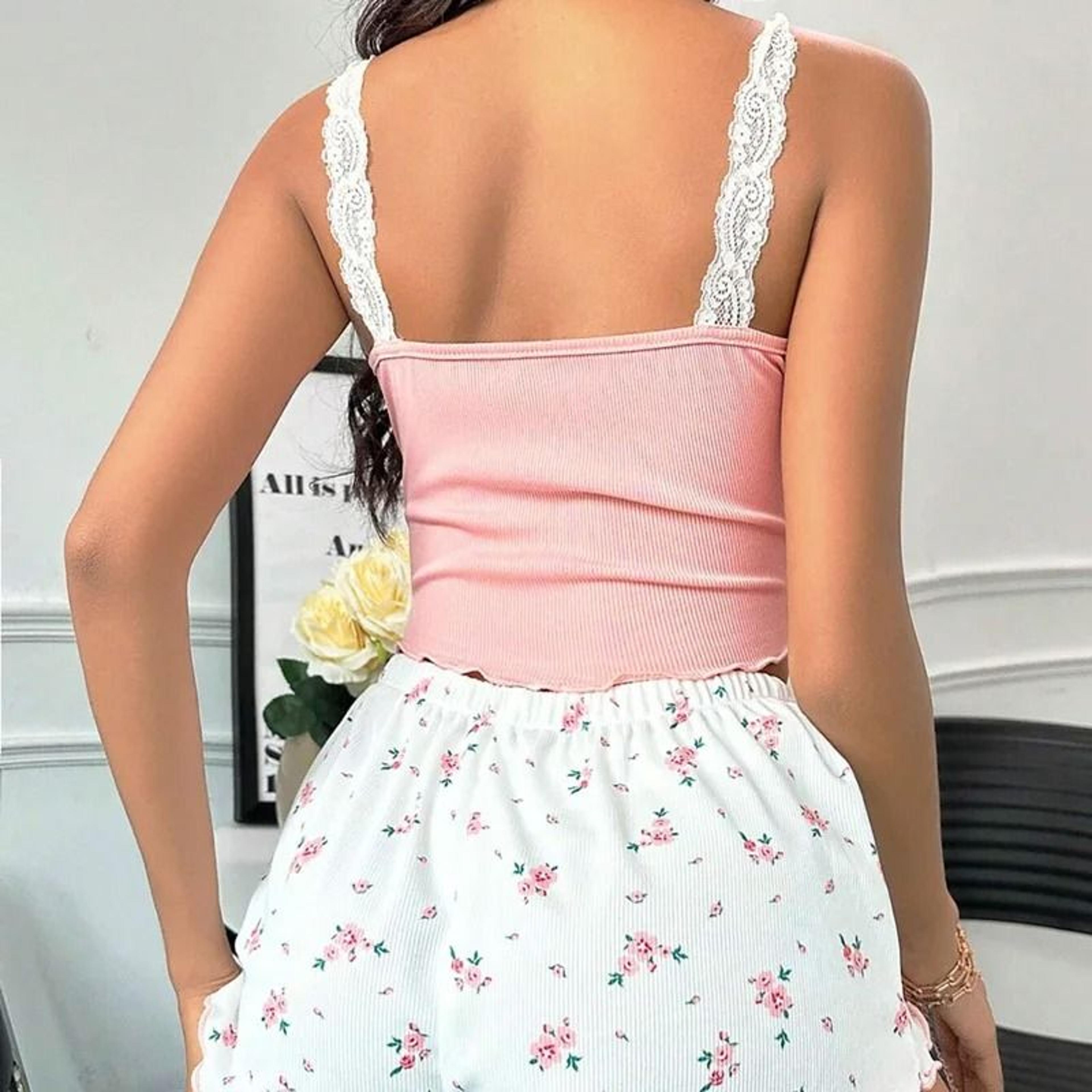 Womens Lace Camisole And Shorts Sleepwear Two Piece Outfit 2