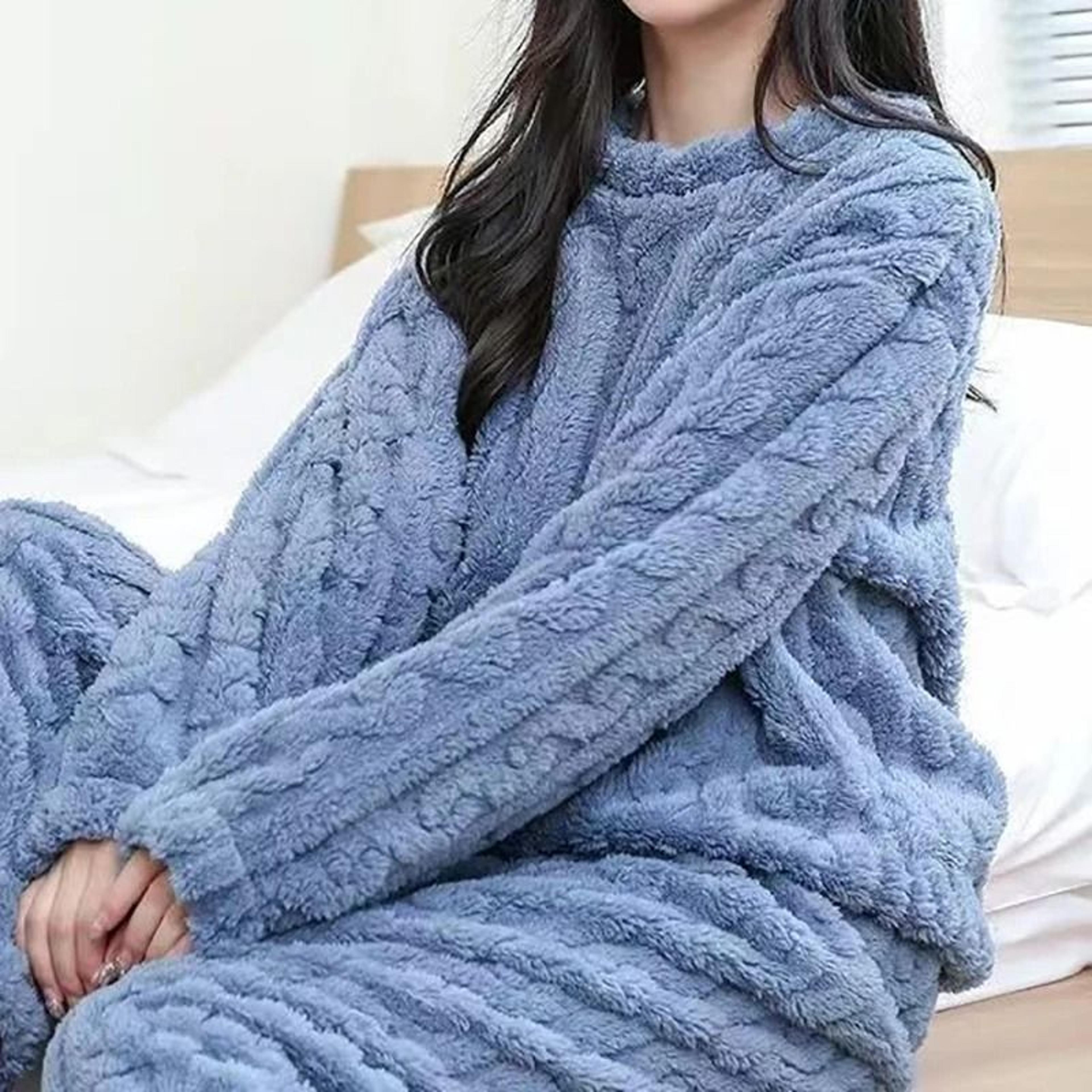 Womens Warm Velvet Ribbed Fleece Pajama Set Pullover And Pants 4