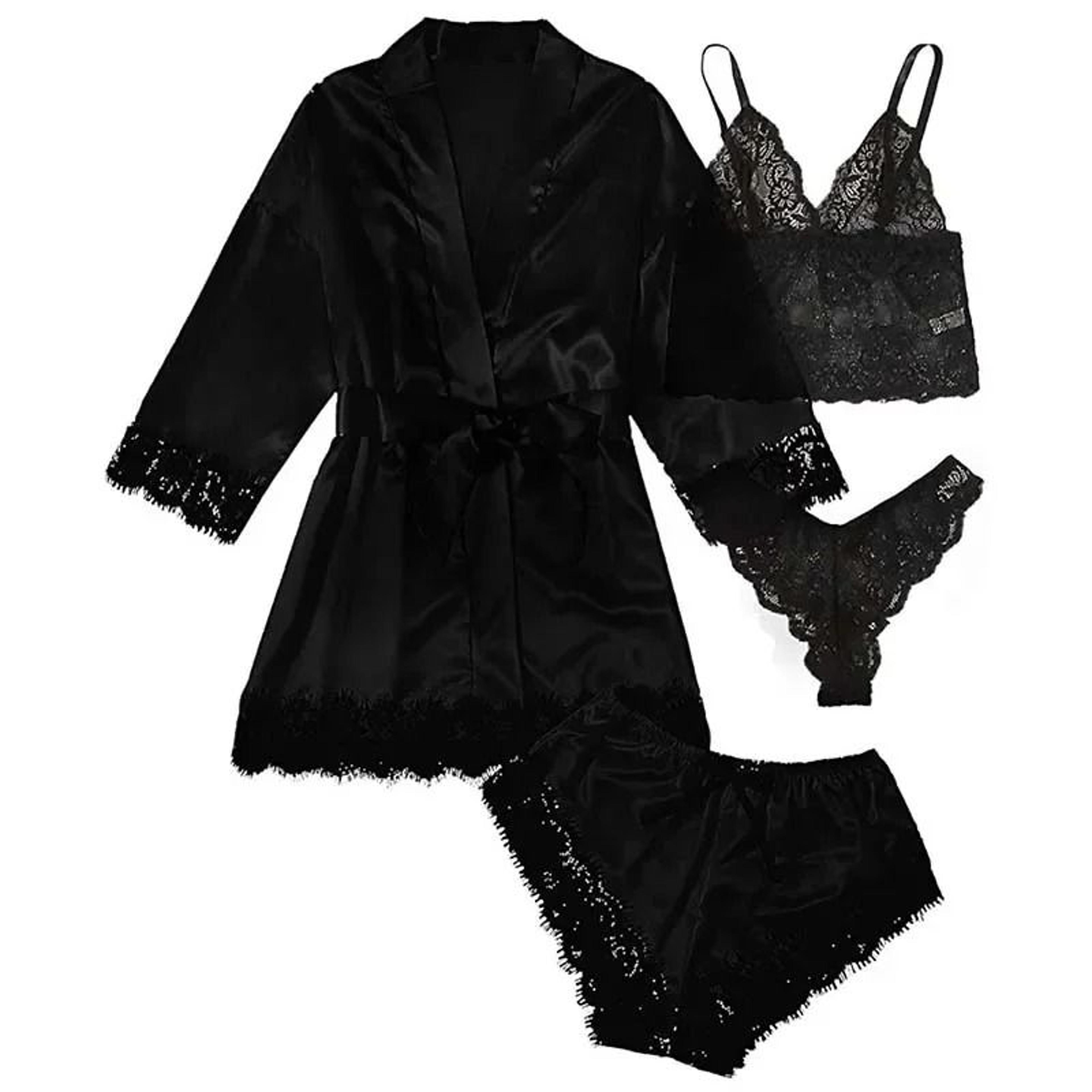 Womens Satin Sleepwear Four Piece Pajama Set With Robe Lace Nightwear 6