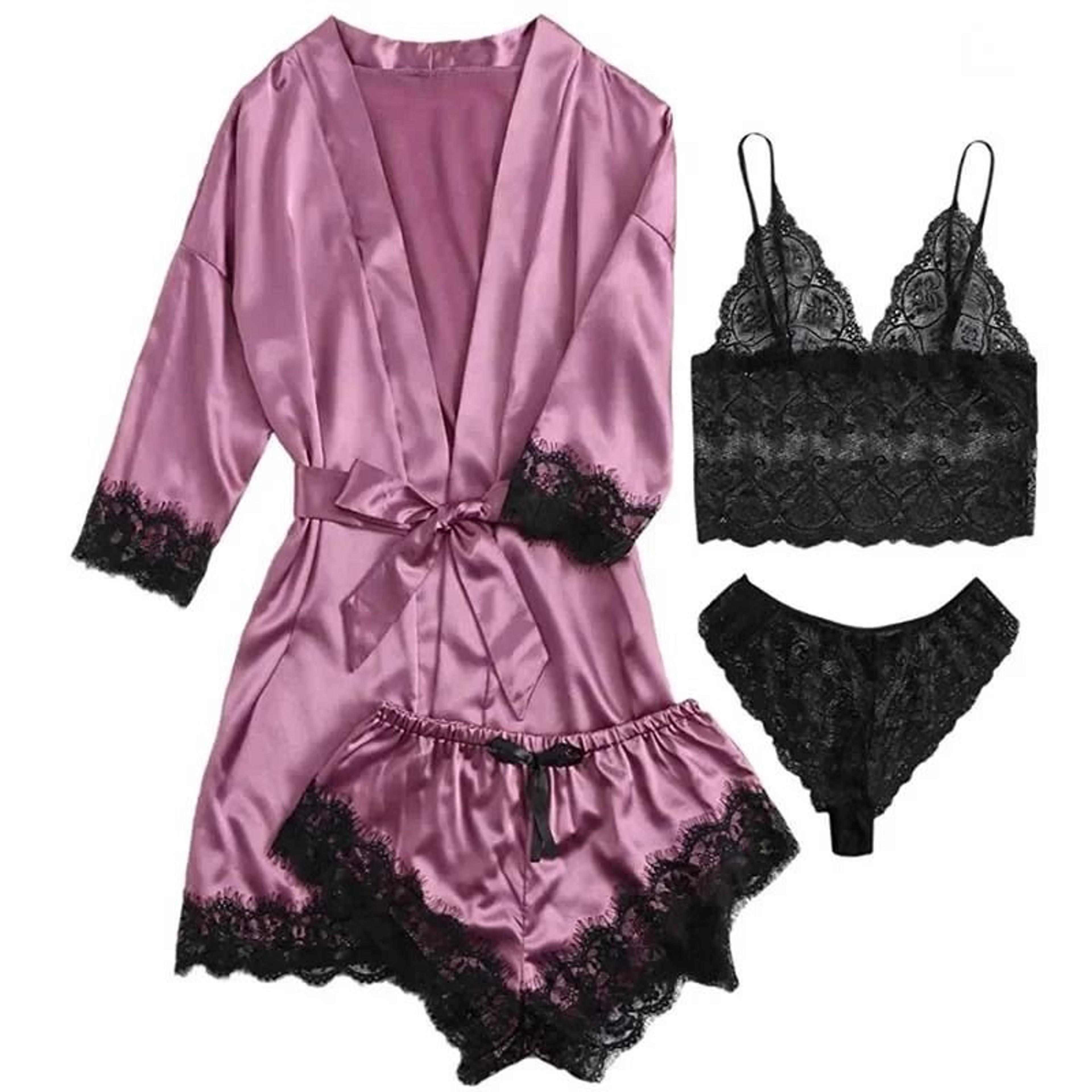Womens Satin Sleepwear Four Piece Pajama Set With Robe Lace Nightwear 8