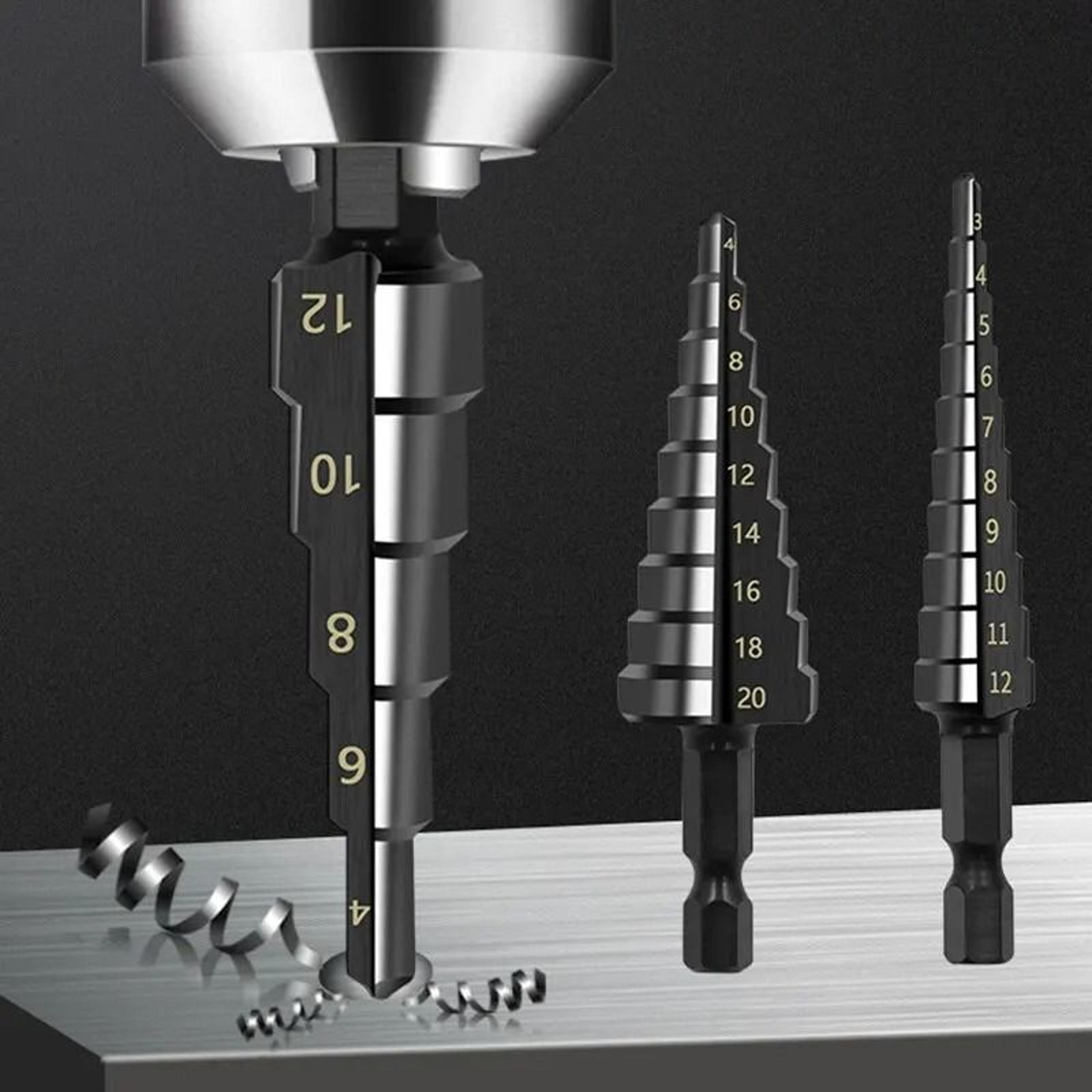 HSS Step Drill Bit Set Three Piece Straight Groove 3 To 20 Mm Black Nitride Hex Shank 1