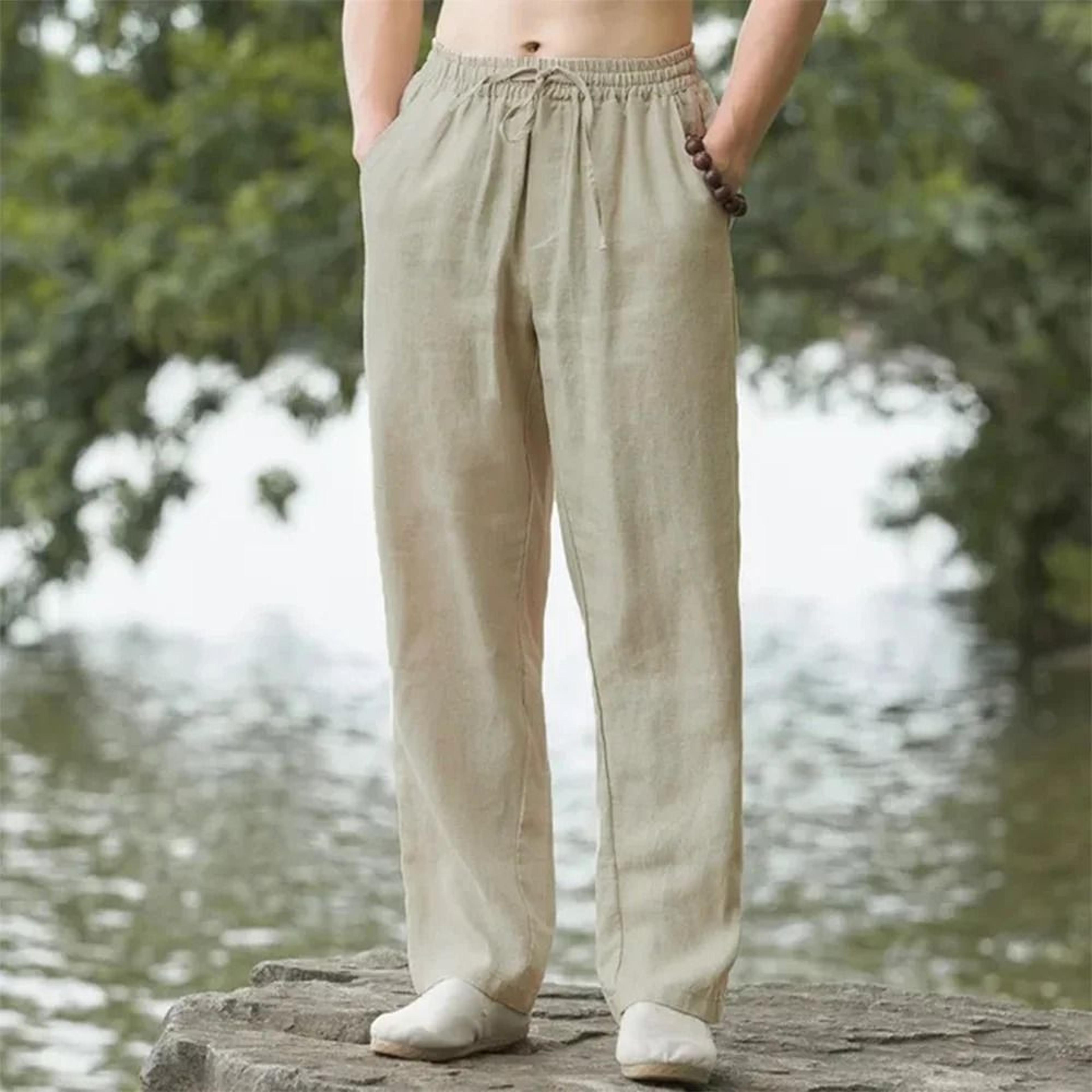 Mens Cotton Linen Beach Jogger Pants For Summer Casual Wear 0