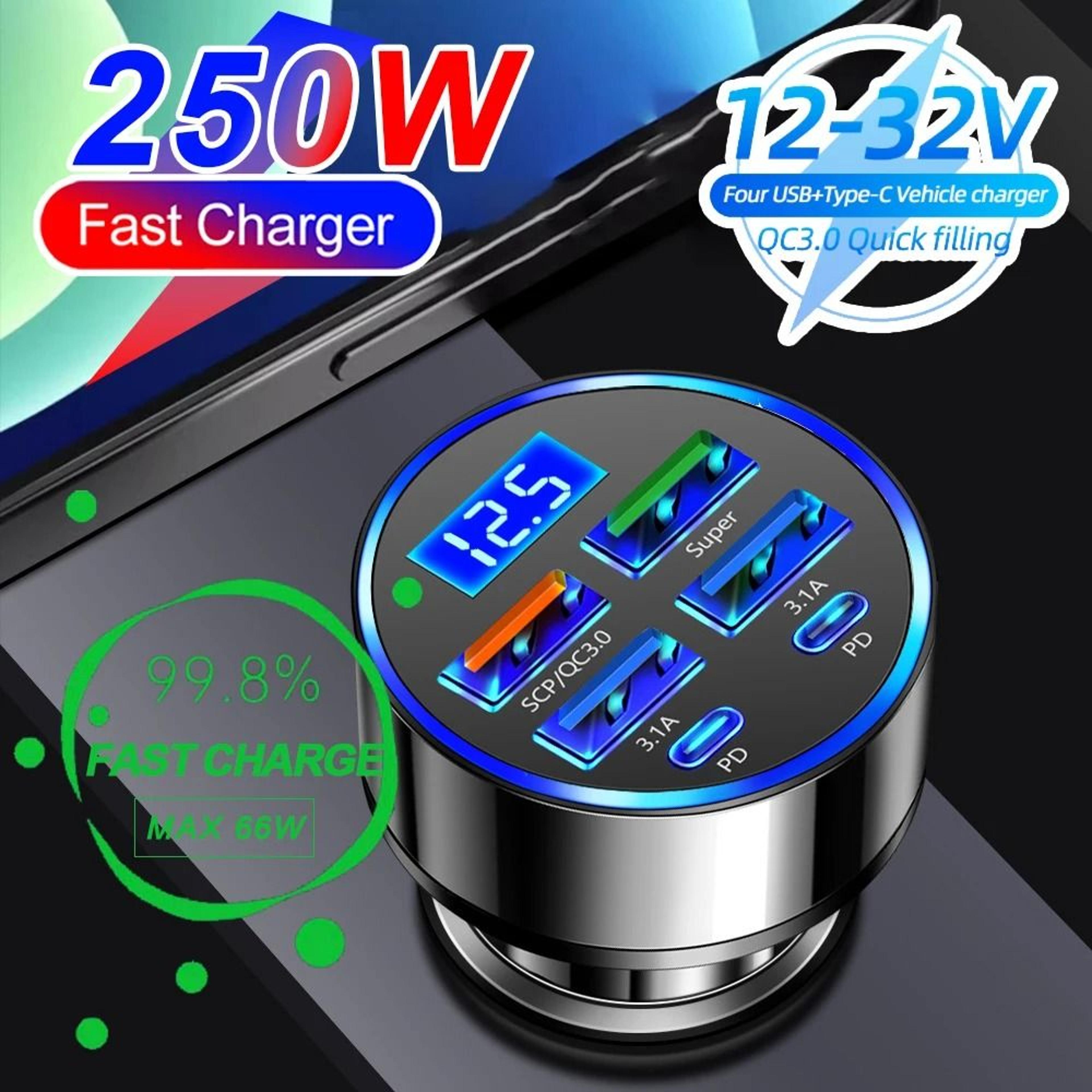Fast Charge Car Charger With Digital Display 4 USB And 2 PD Ports 0