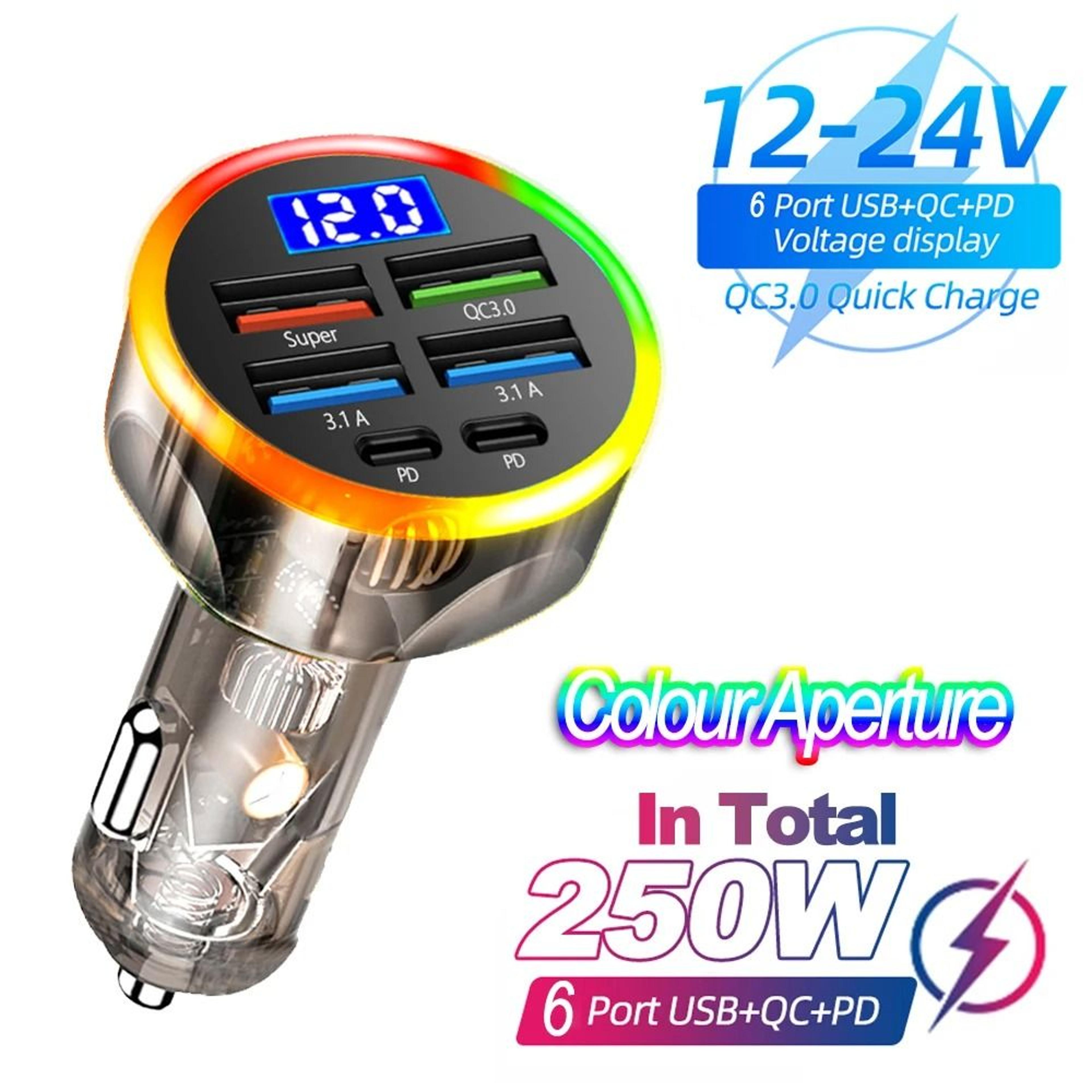Fast Charge Car Charger With Digital Display 4 USB And 2 PD Ports 12