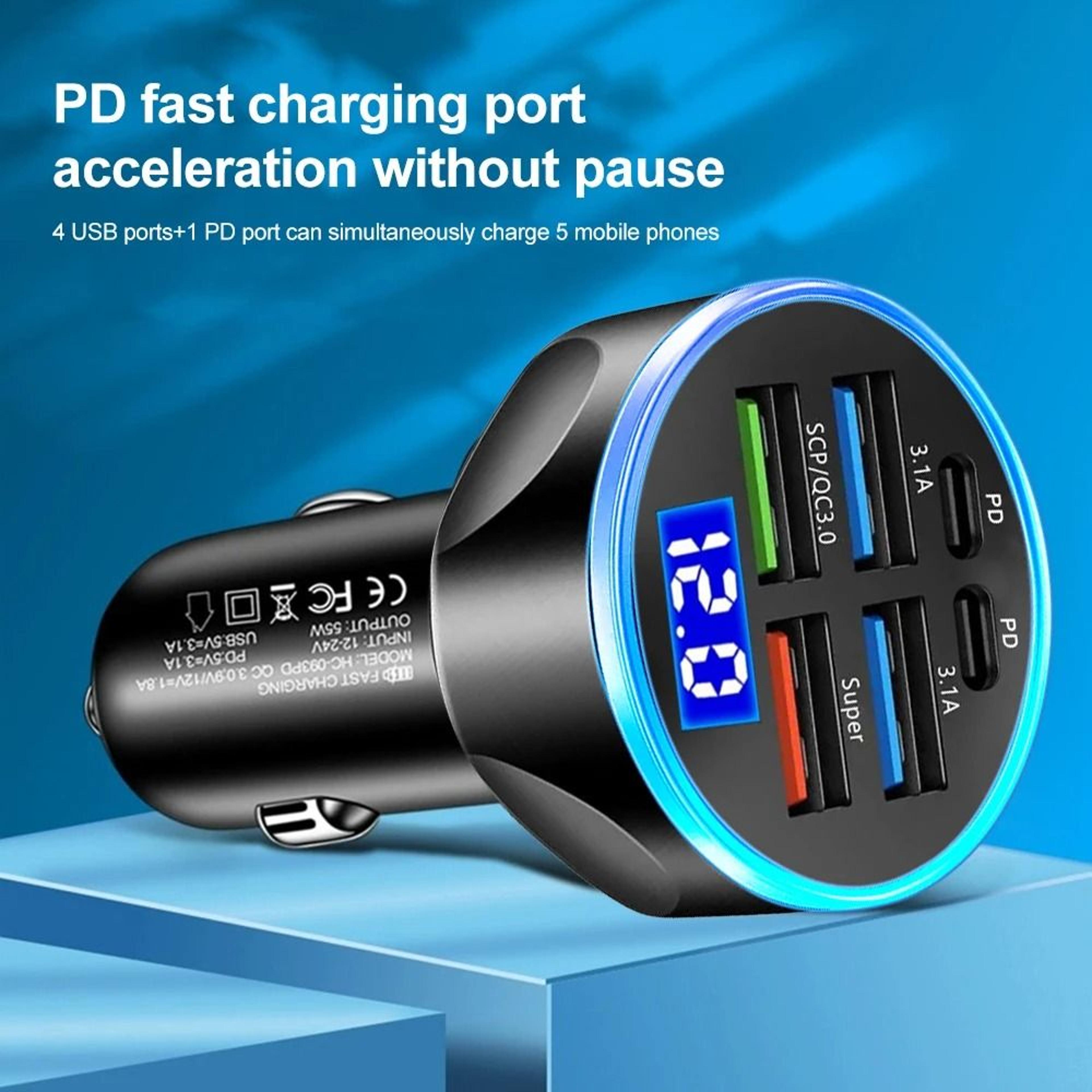 Fast Charge Car Charger With Digital Display 4 USB And 2 PD Ports 5