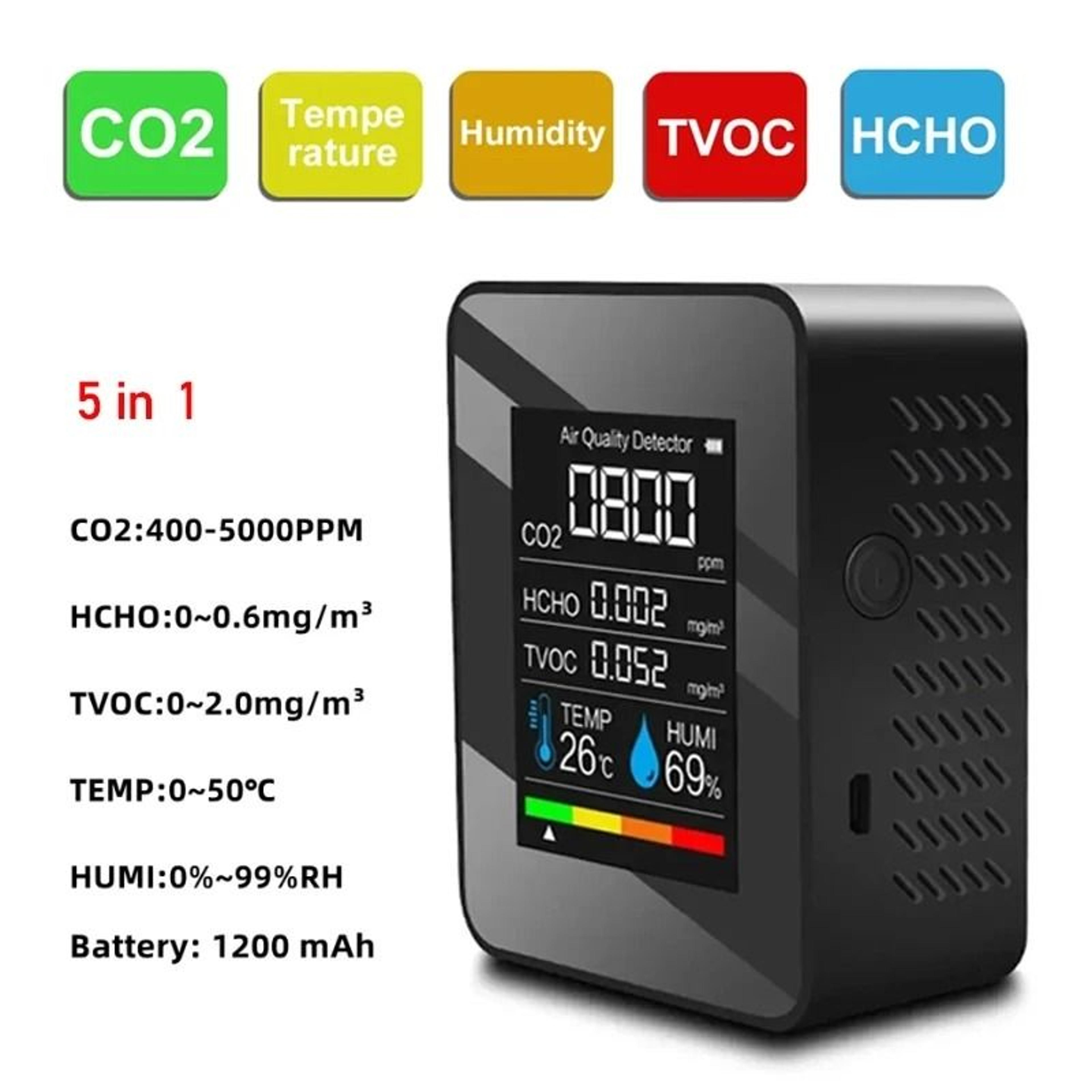 5 In 1 Air Quality Monitor CO2 TVOC HCHO Meter With Temperature And Humidity Display 6