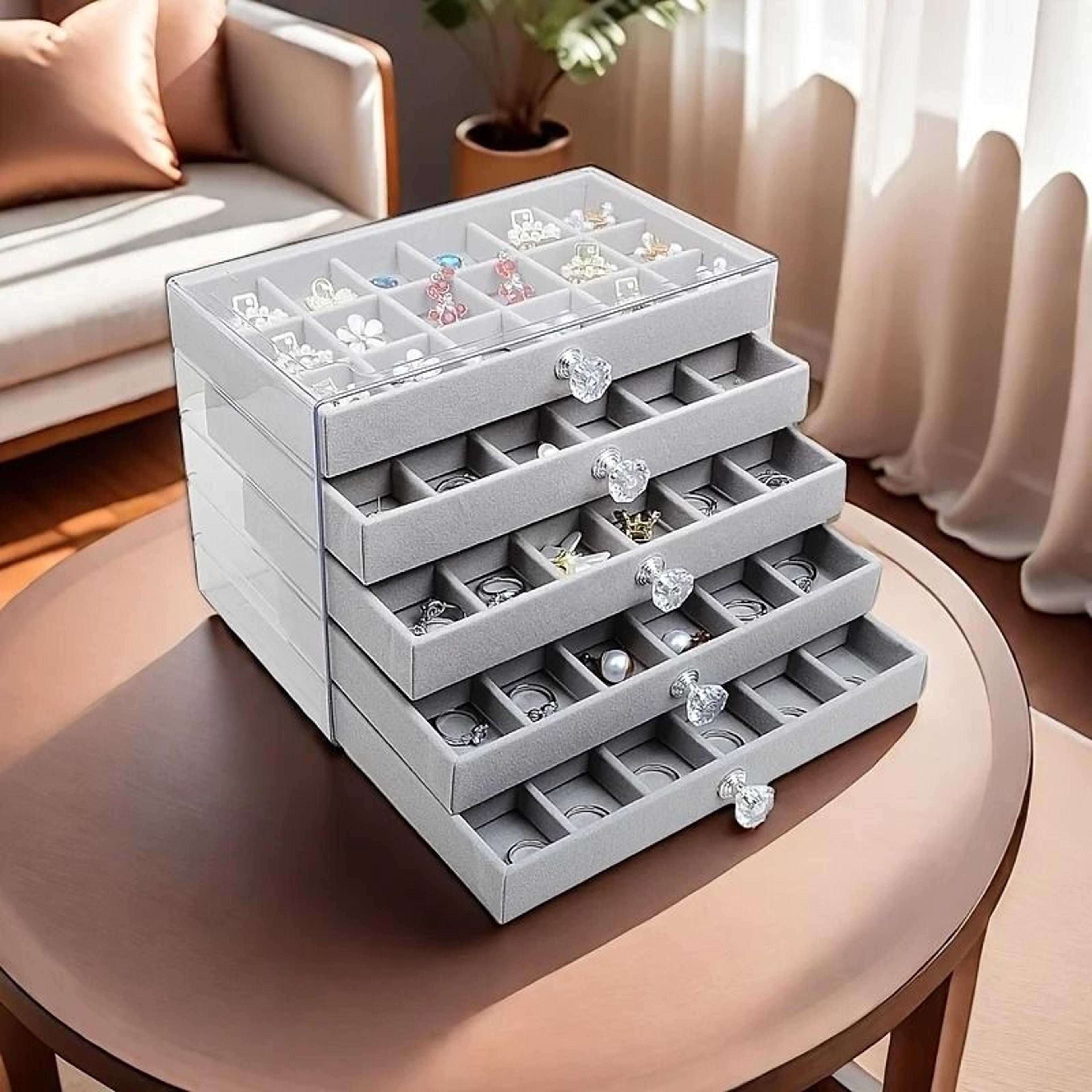 5 Tier Velvet Jewelry Organizer Box With Transparent Compartments 1