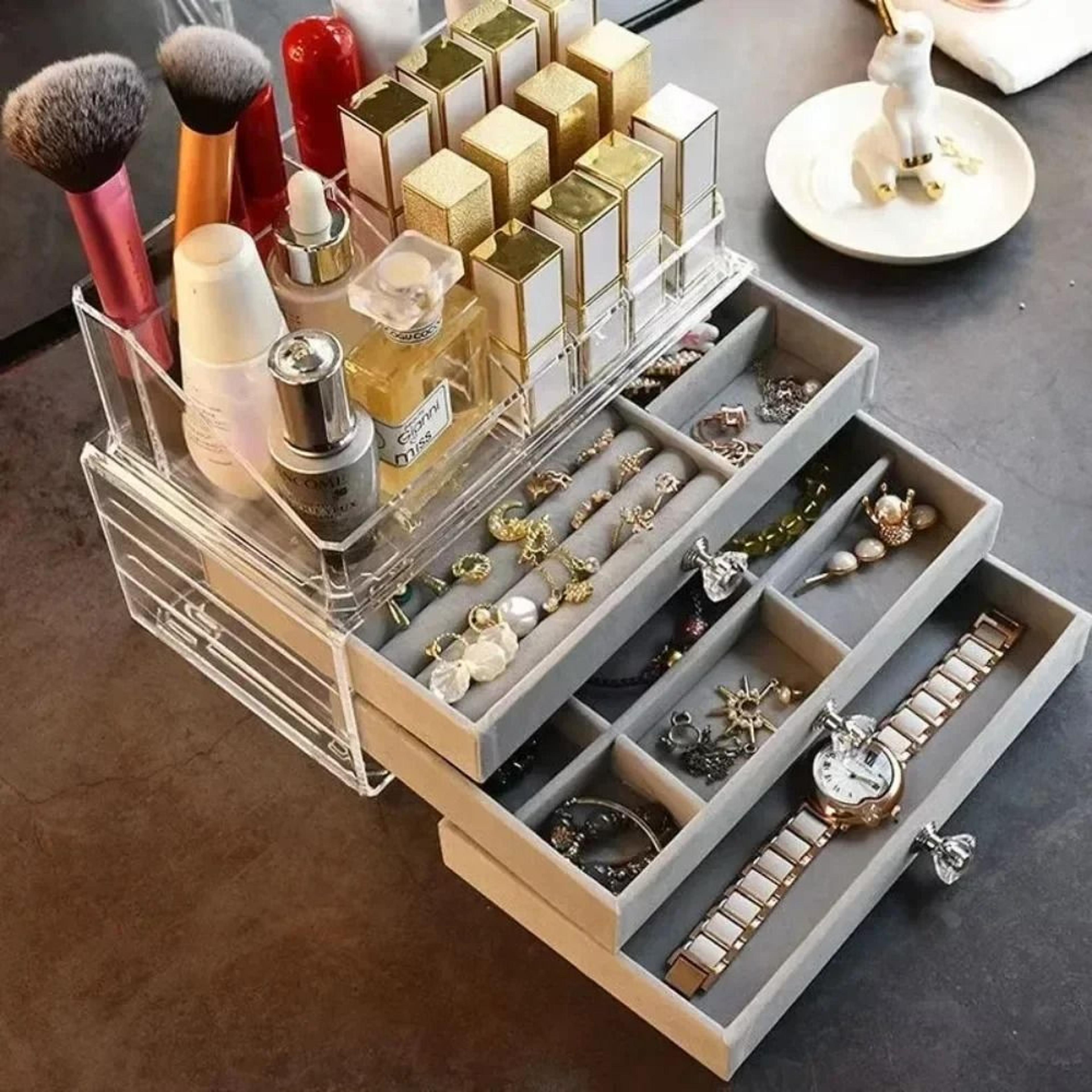 Velvet Acrylic Jewelry Organizer With 3 Drawers In Grey 0
