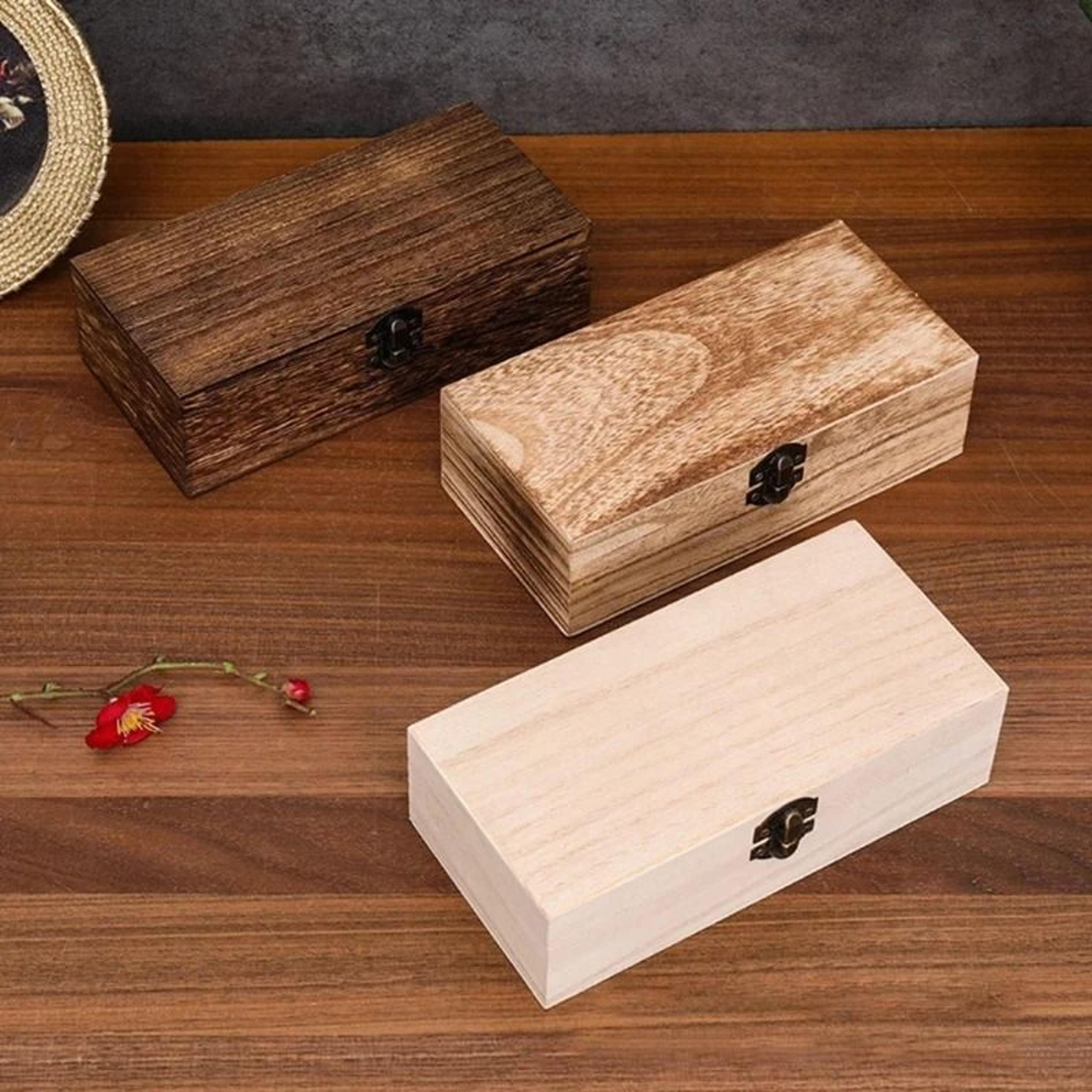 Rectangular Wooden Storage Box Gift Packaging Organizer With Hinged Lid 3
