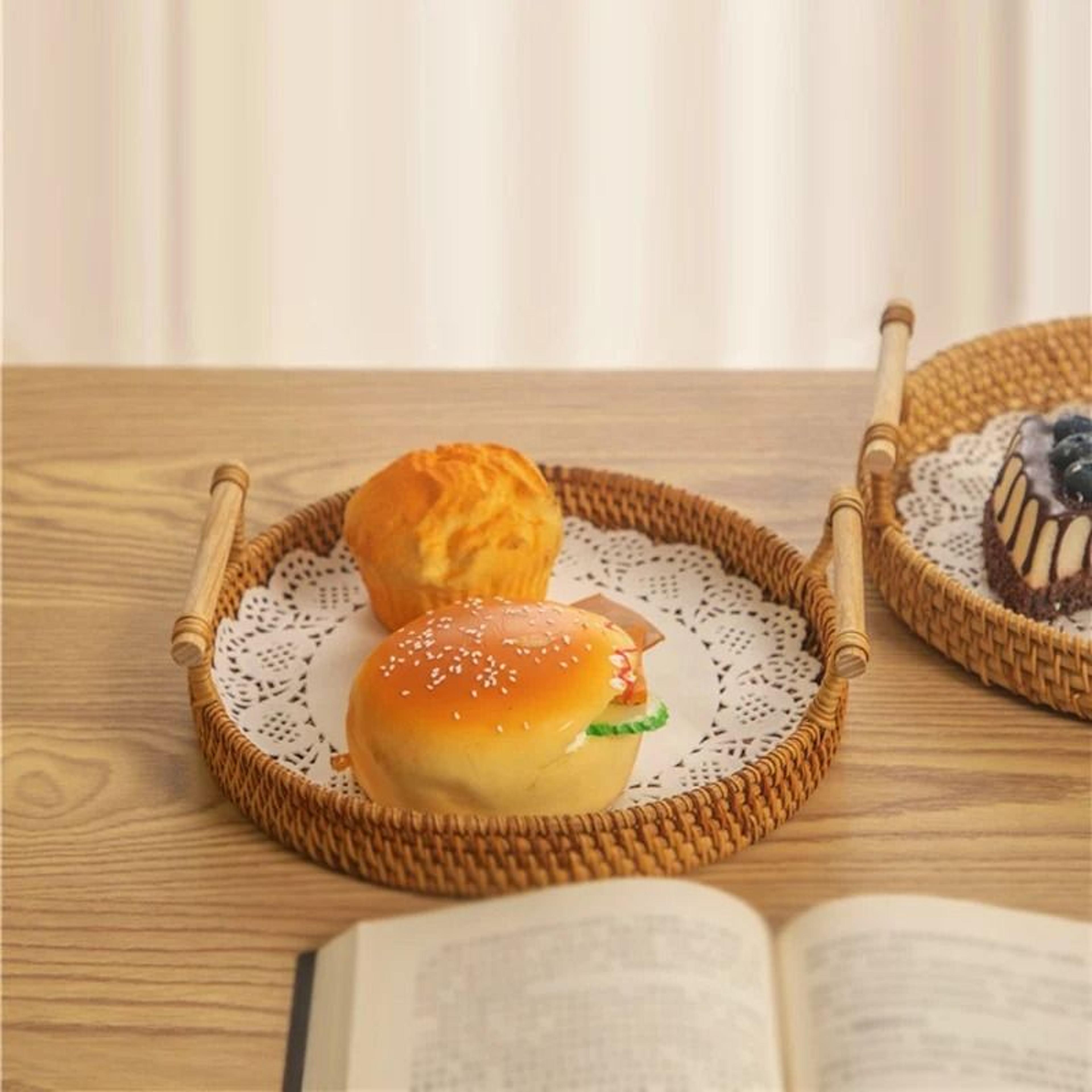 Woven Rattan Round Storage Basket Tray With Strap Handle For Snacks And Picnic 5