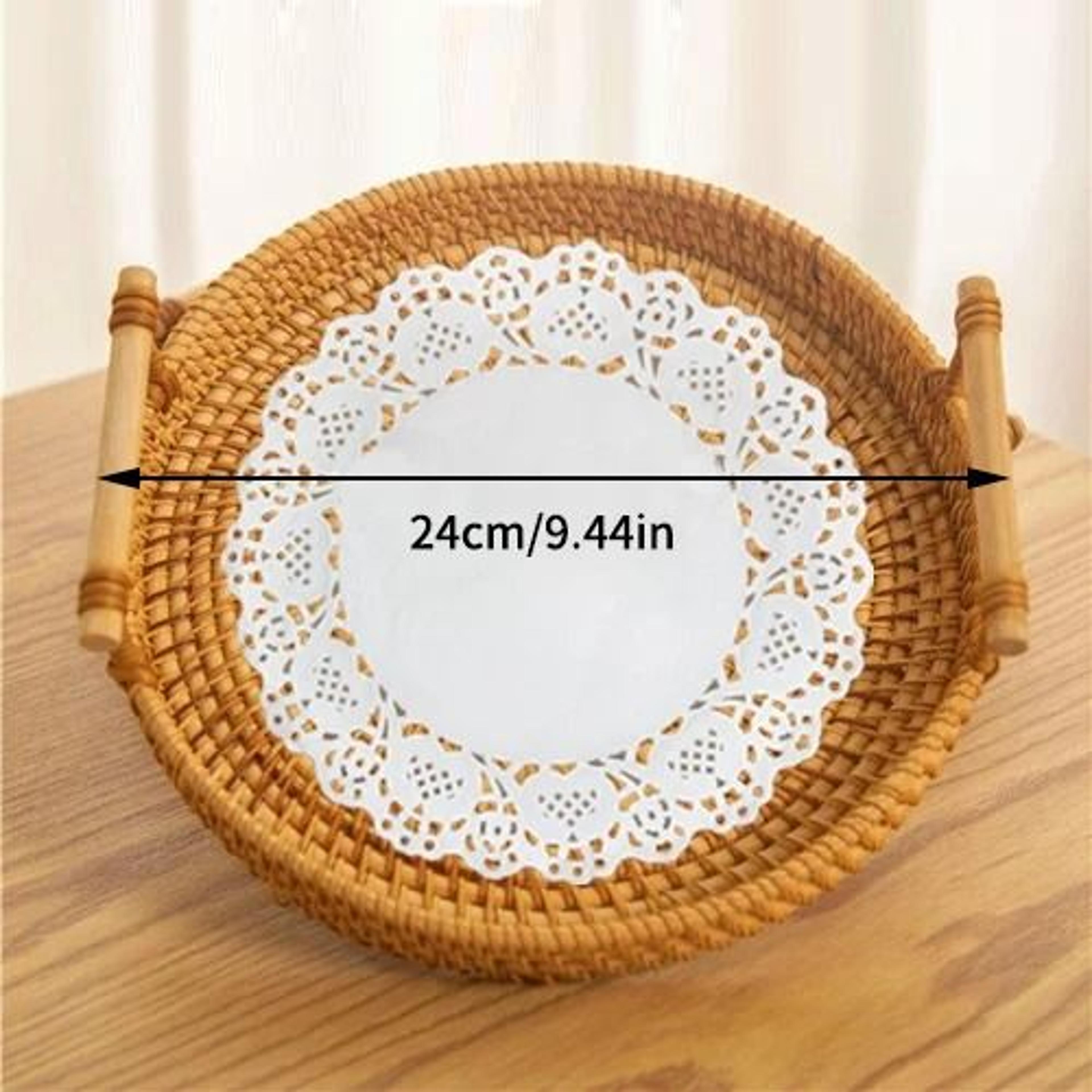Woven Rattan Round Storage Basket Tray With Strap Handle For Snacks And Picnic 10