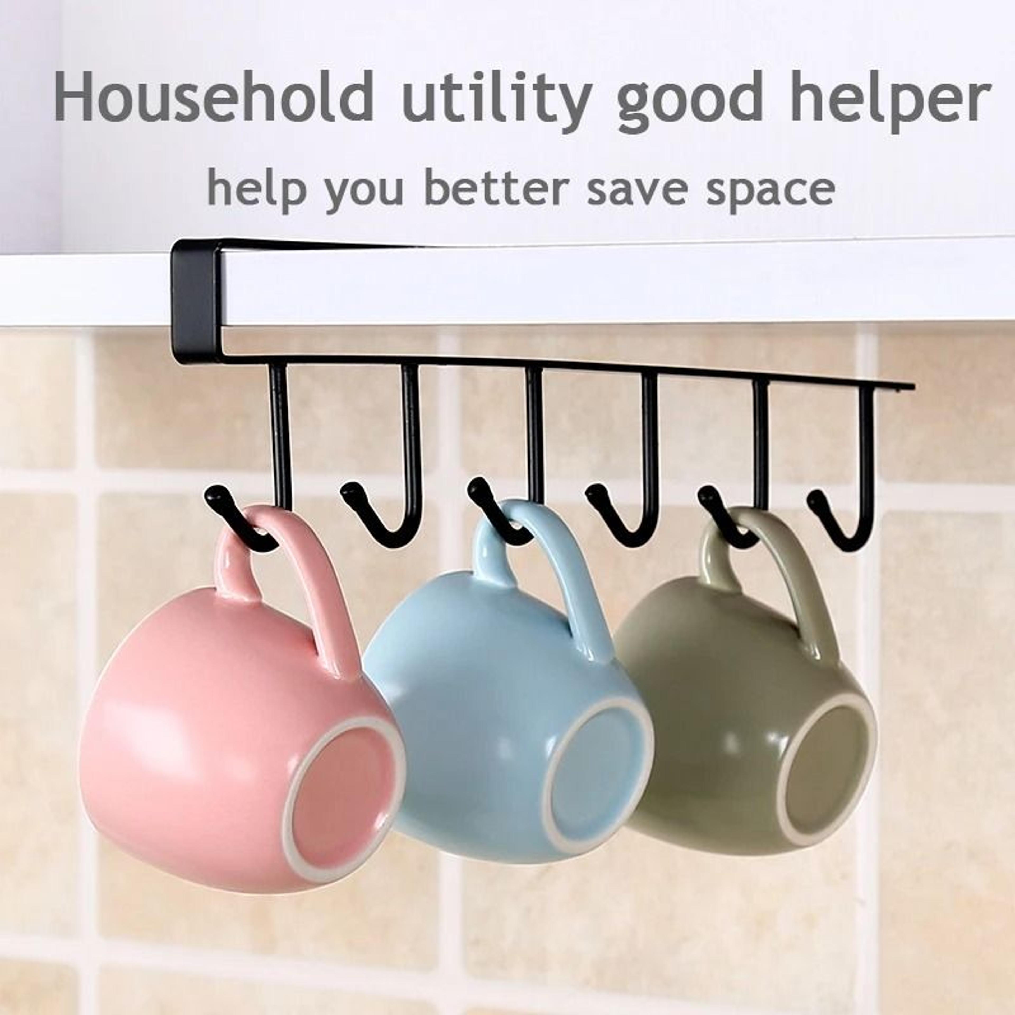6 Hook Coffee Mug Holder Shelf Under Cabinet Cup Hanging Organizer Black Or White 4