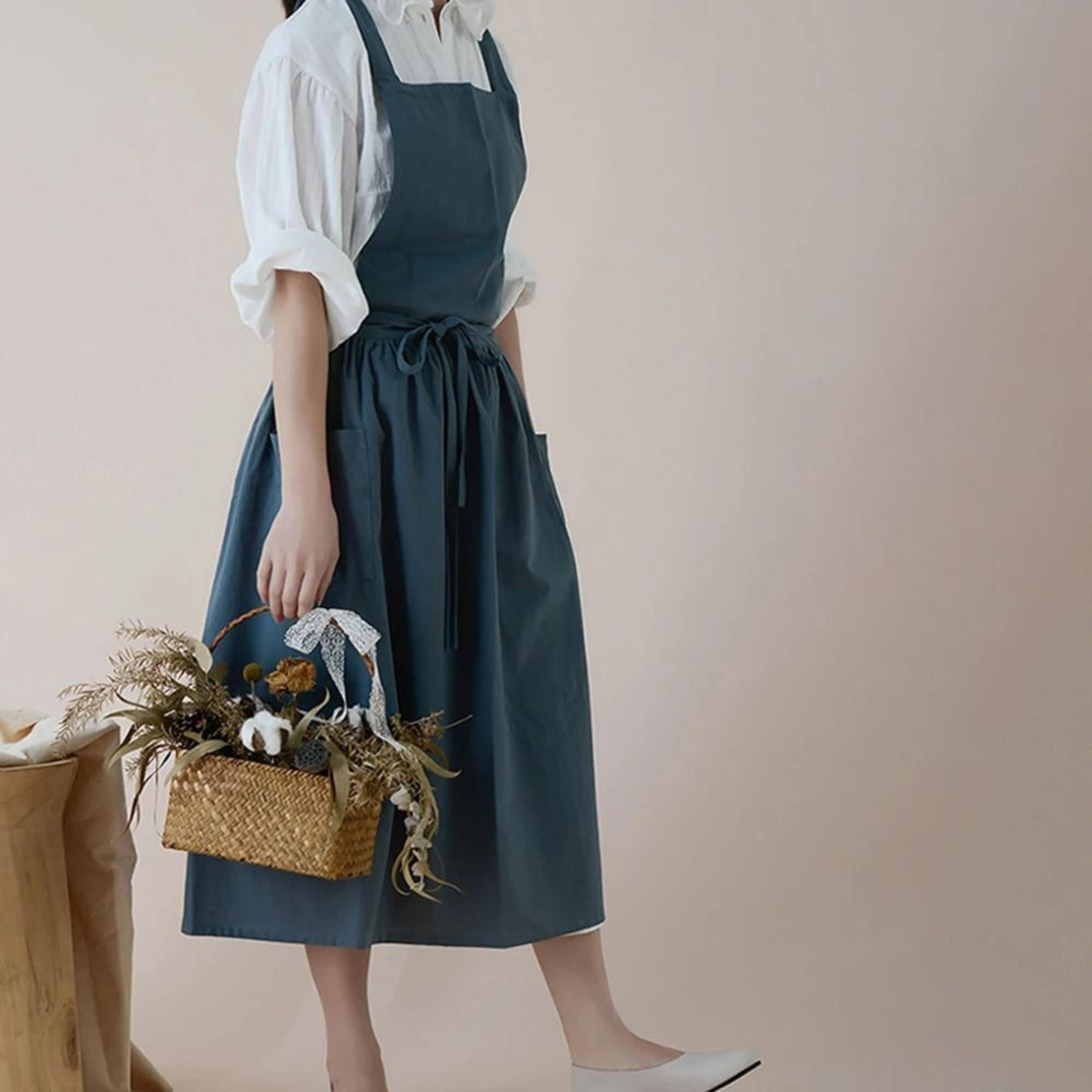 japanese style long floral apron waterproof cotton linen baking and teacher smock dress