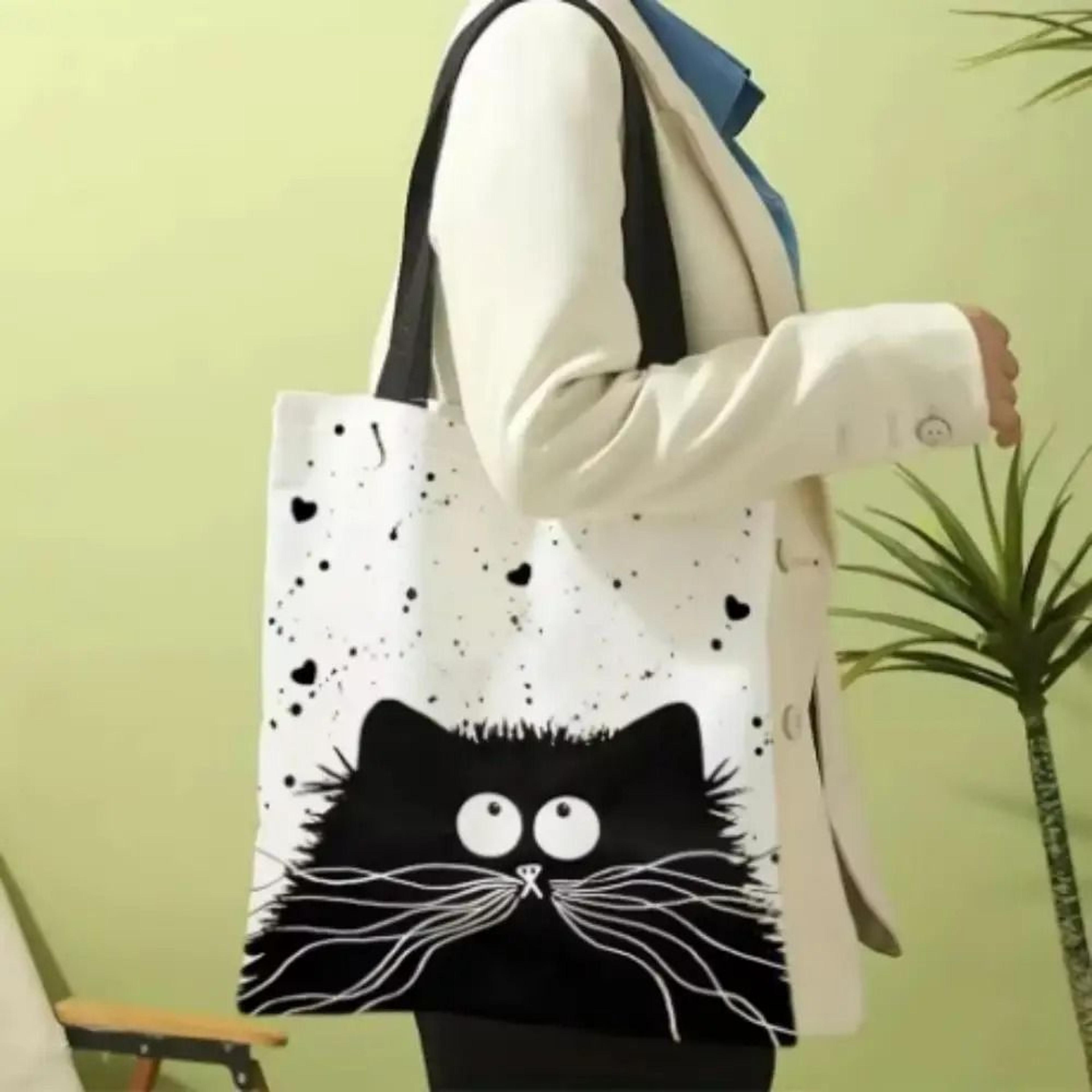 Cute Cat Canvas Tote Bag With Zipper Shoulder Shopping Bag For Students And Daily Use 4