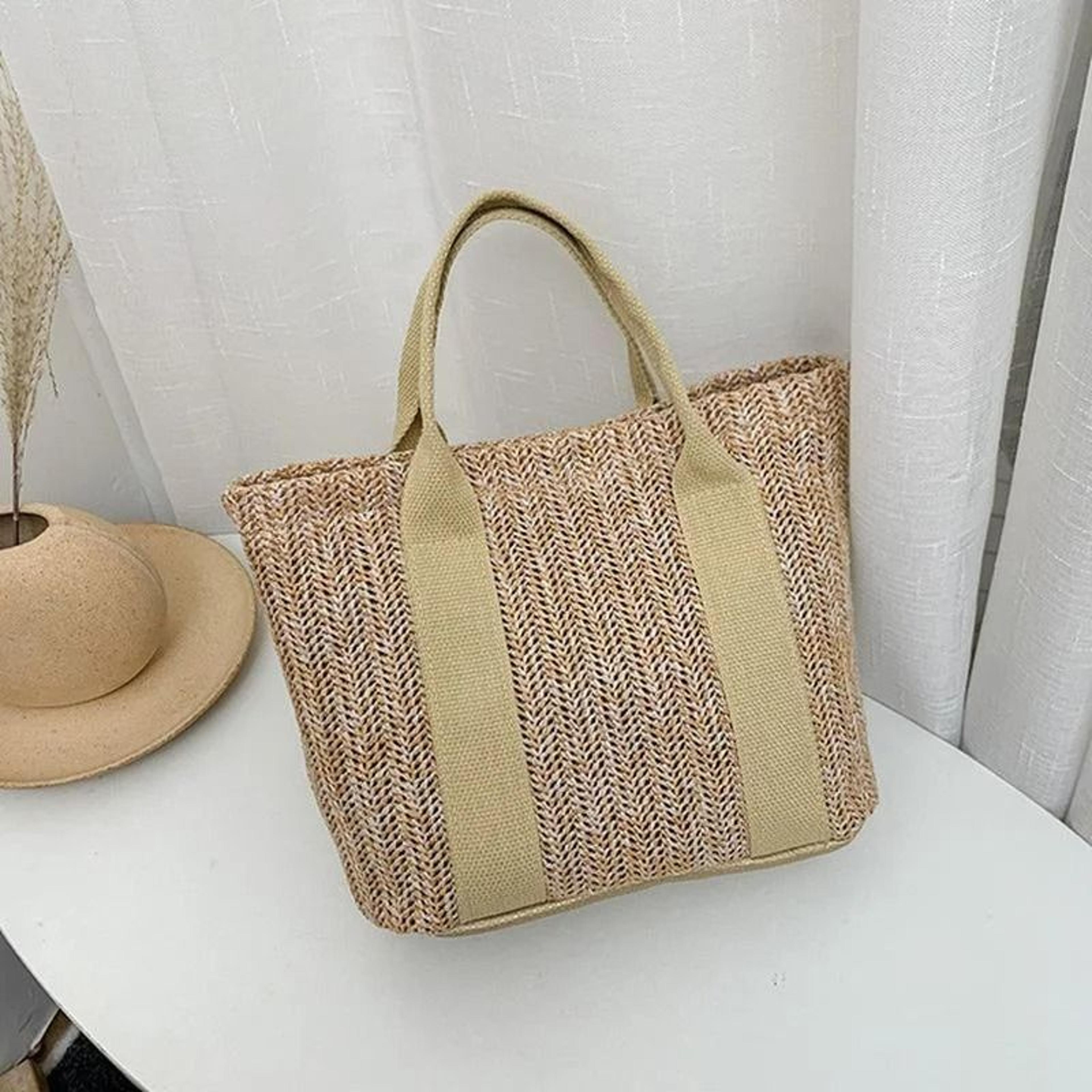 Color Block Straw Tote Bag With Zipper Summer Handbag For Women Lightweight Shoulder Bag 3