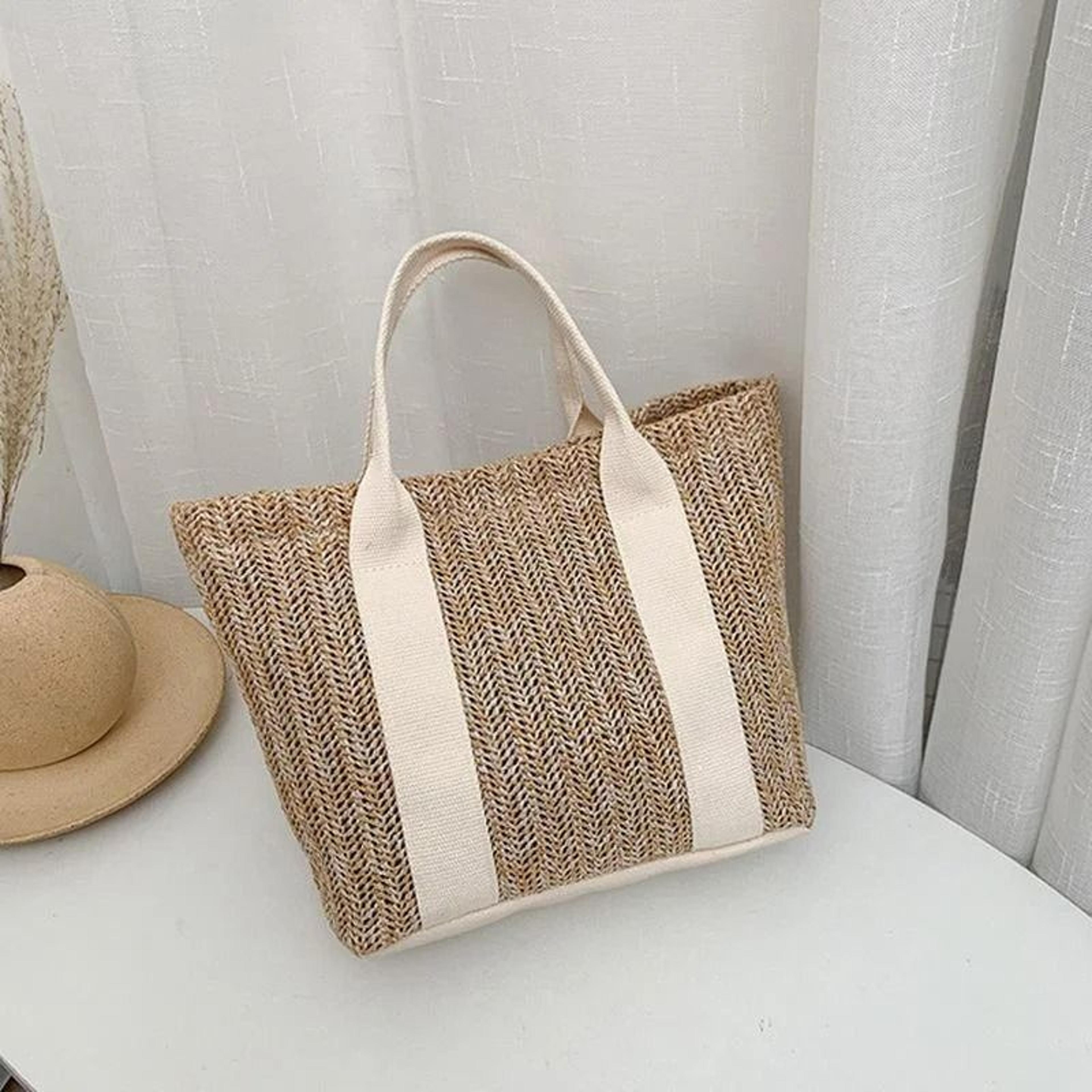 Color Block Straw Tote Bag With Zipper Summer Handbag For Women Lightweight Shoulder Bag 6