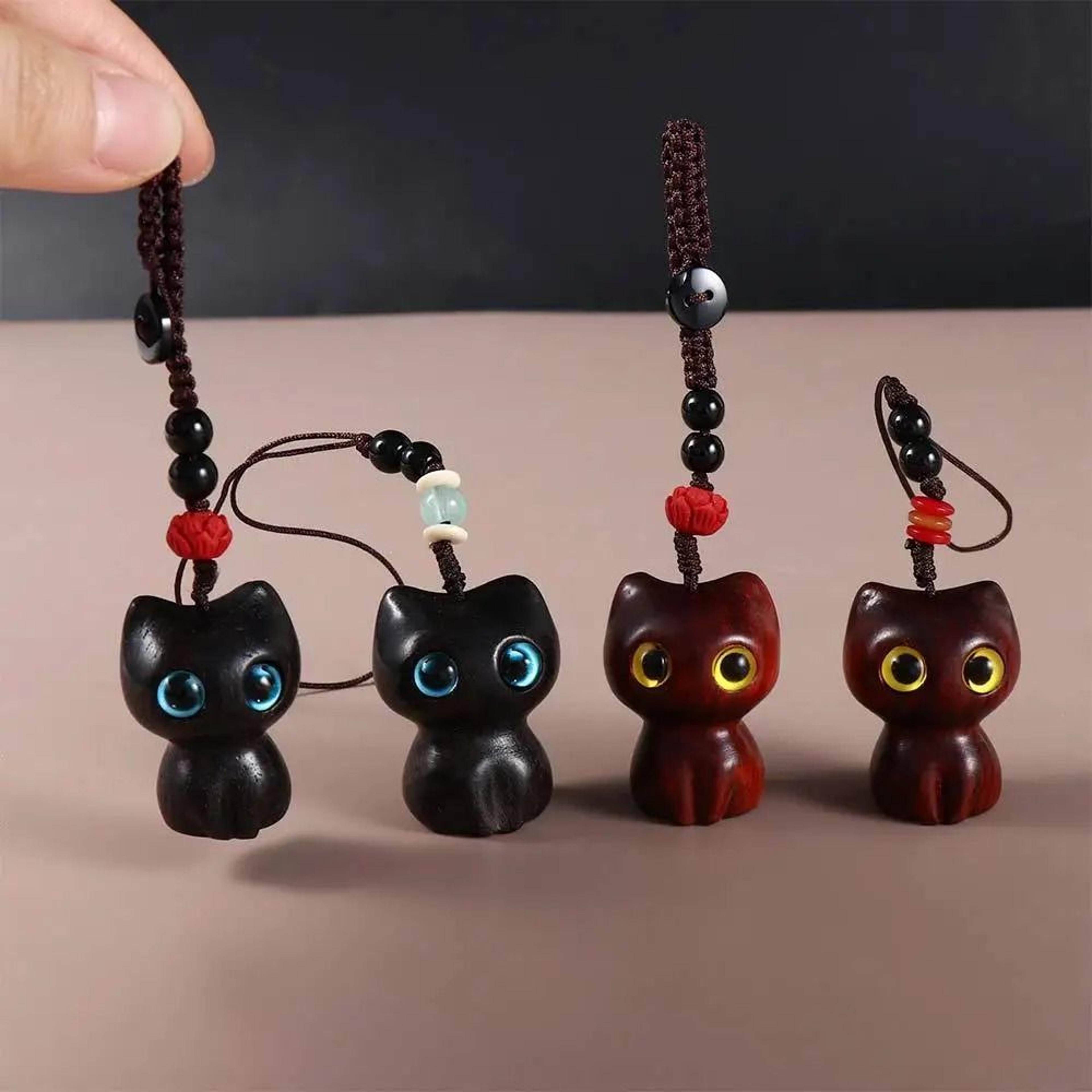 Creative Cute Cat Shape Lucky Blessing Charm Sandalwood Keychain Pendant 4