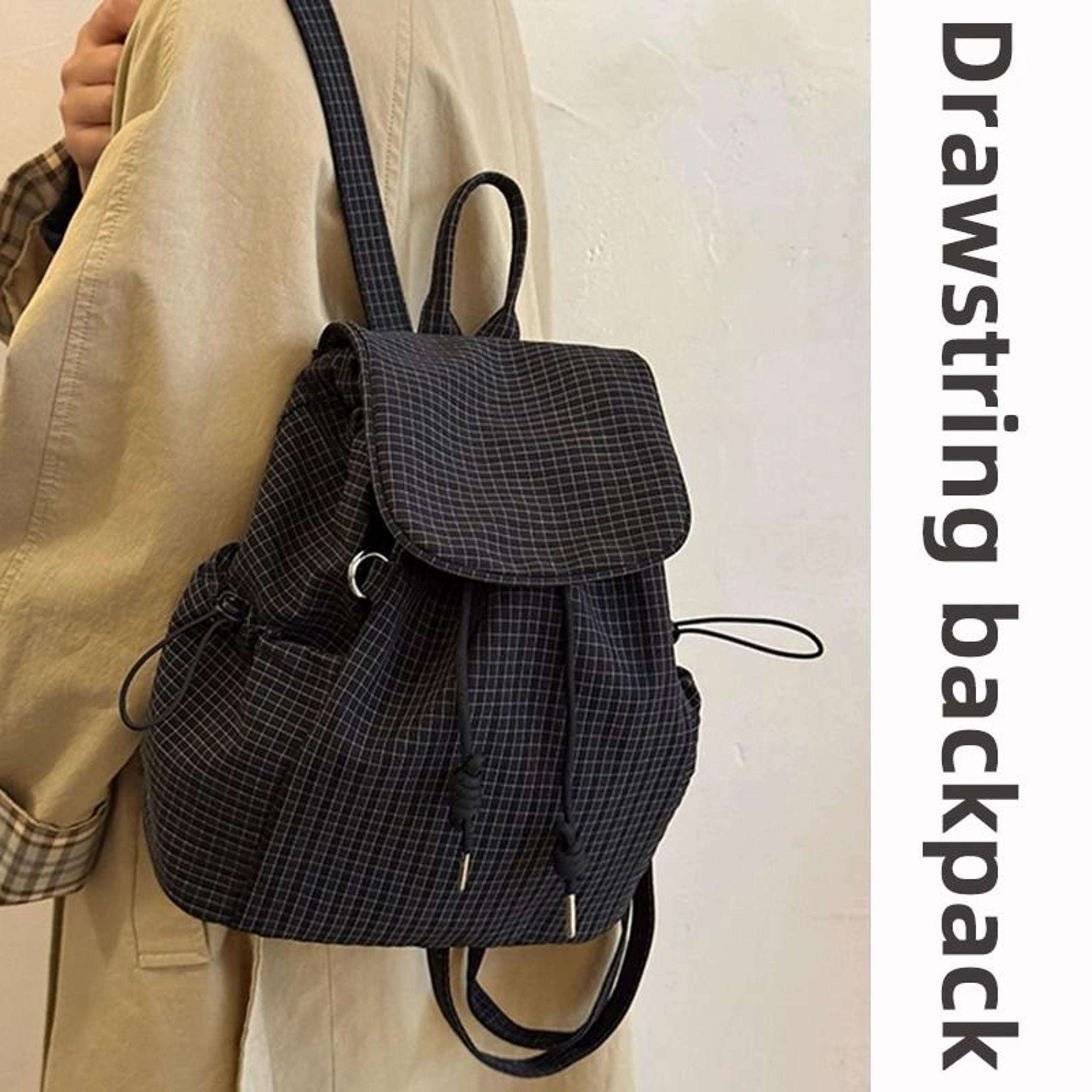 Lightweight Checkered Nylon Drawstring Backpack 0