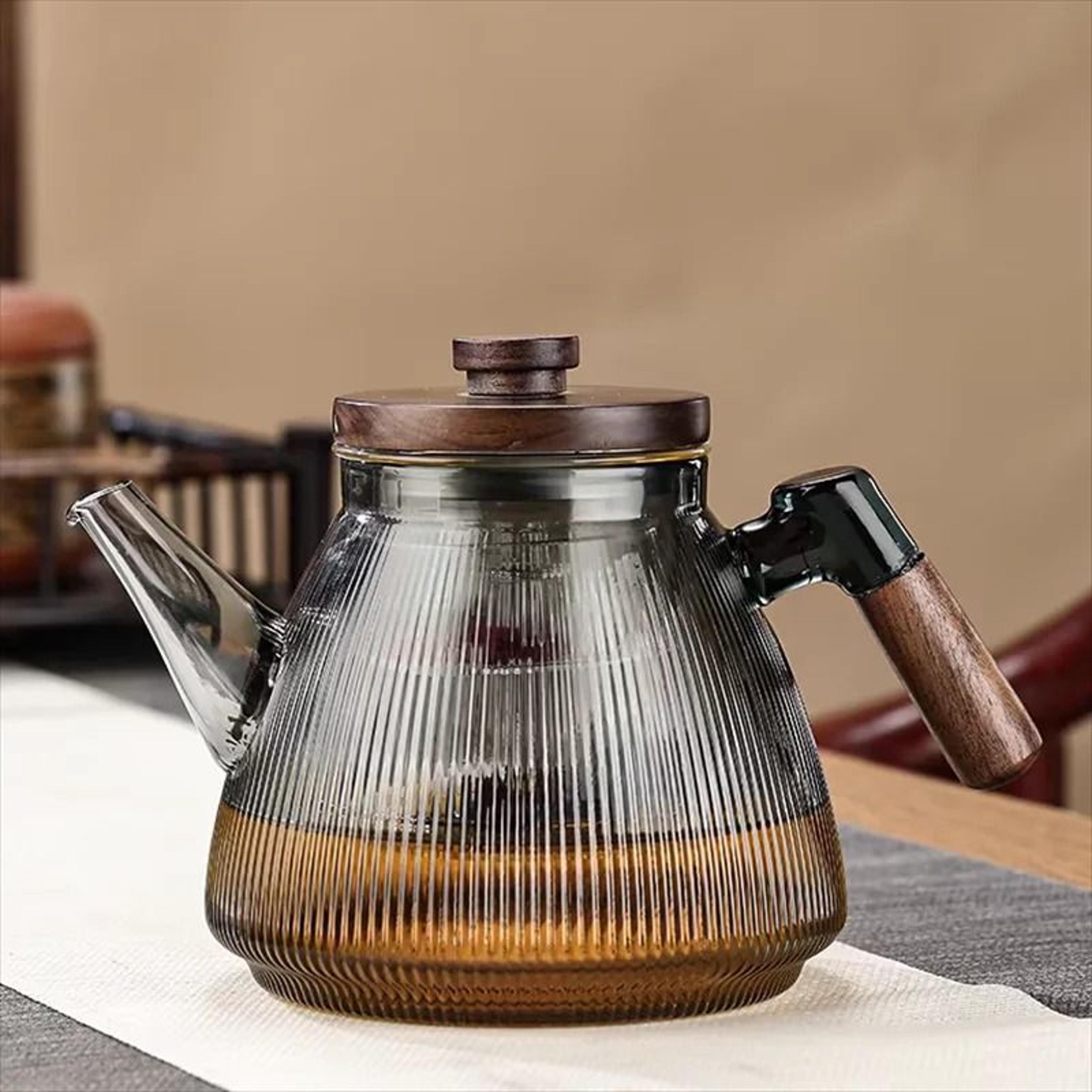 Stripe High Borosilicate Glass Teapot Walnut Handle 7