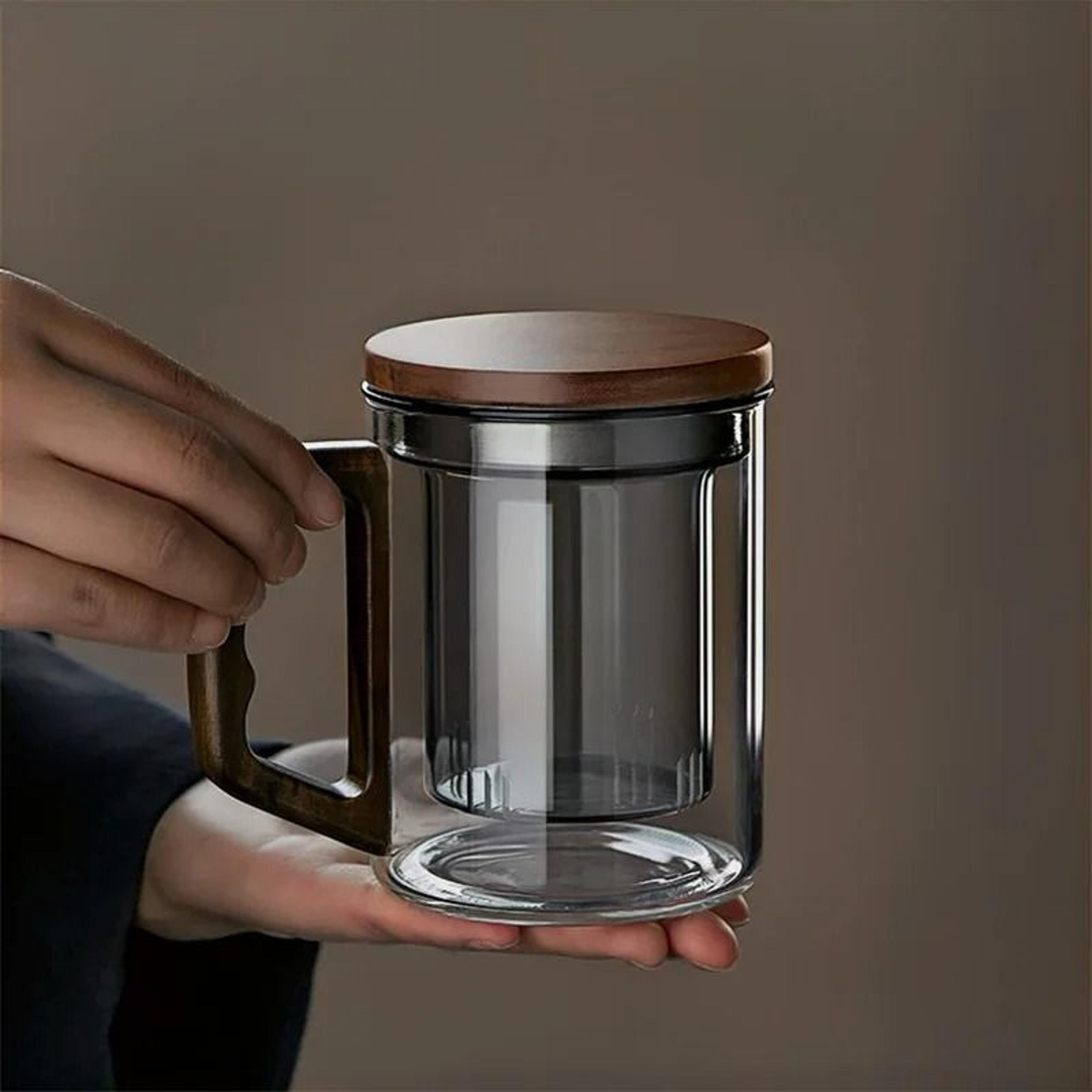 Walnut Wooden Handle Glass Tea Cup With Infuser And Filter 1