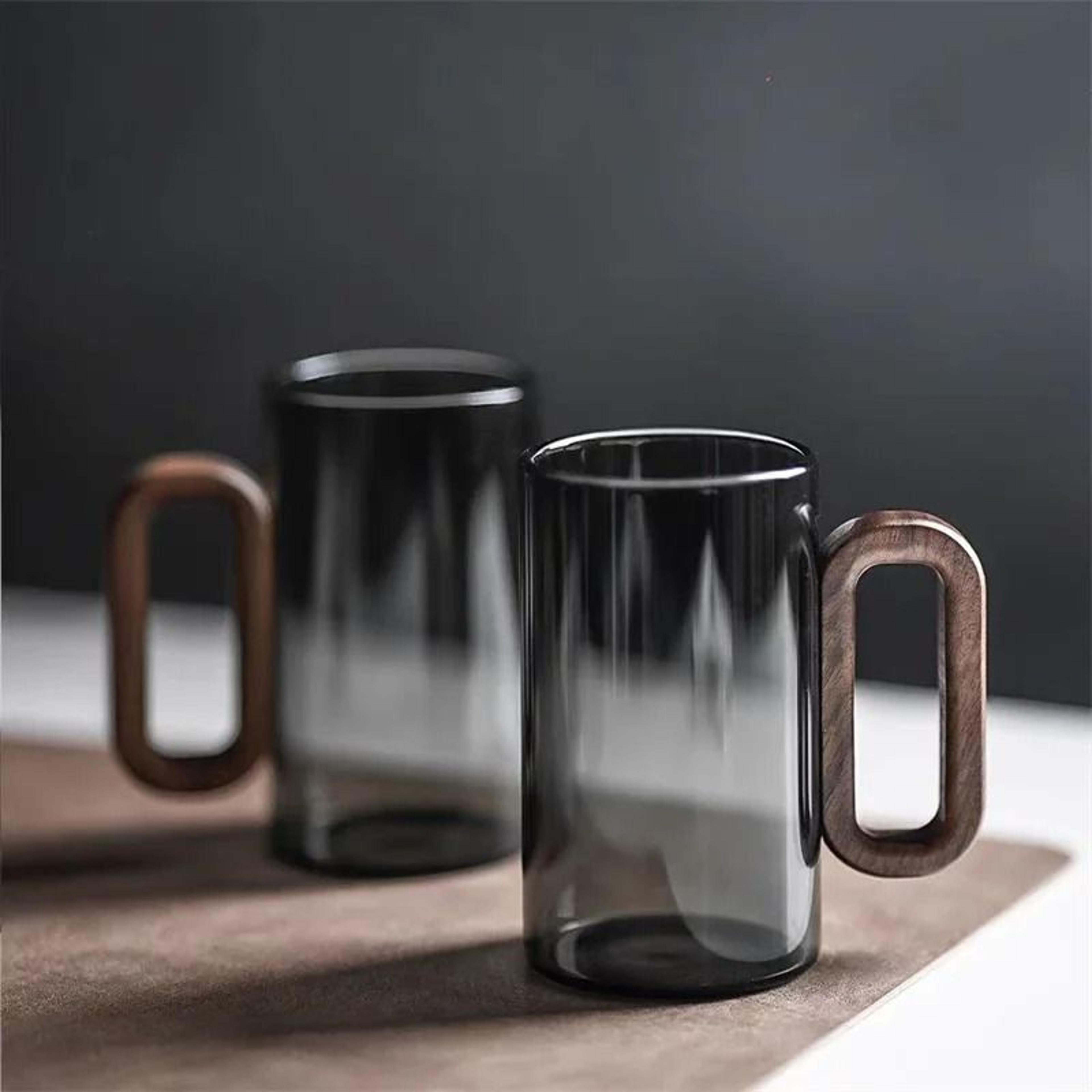 high borosilicate glass coffee cup with walnut wooden handle