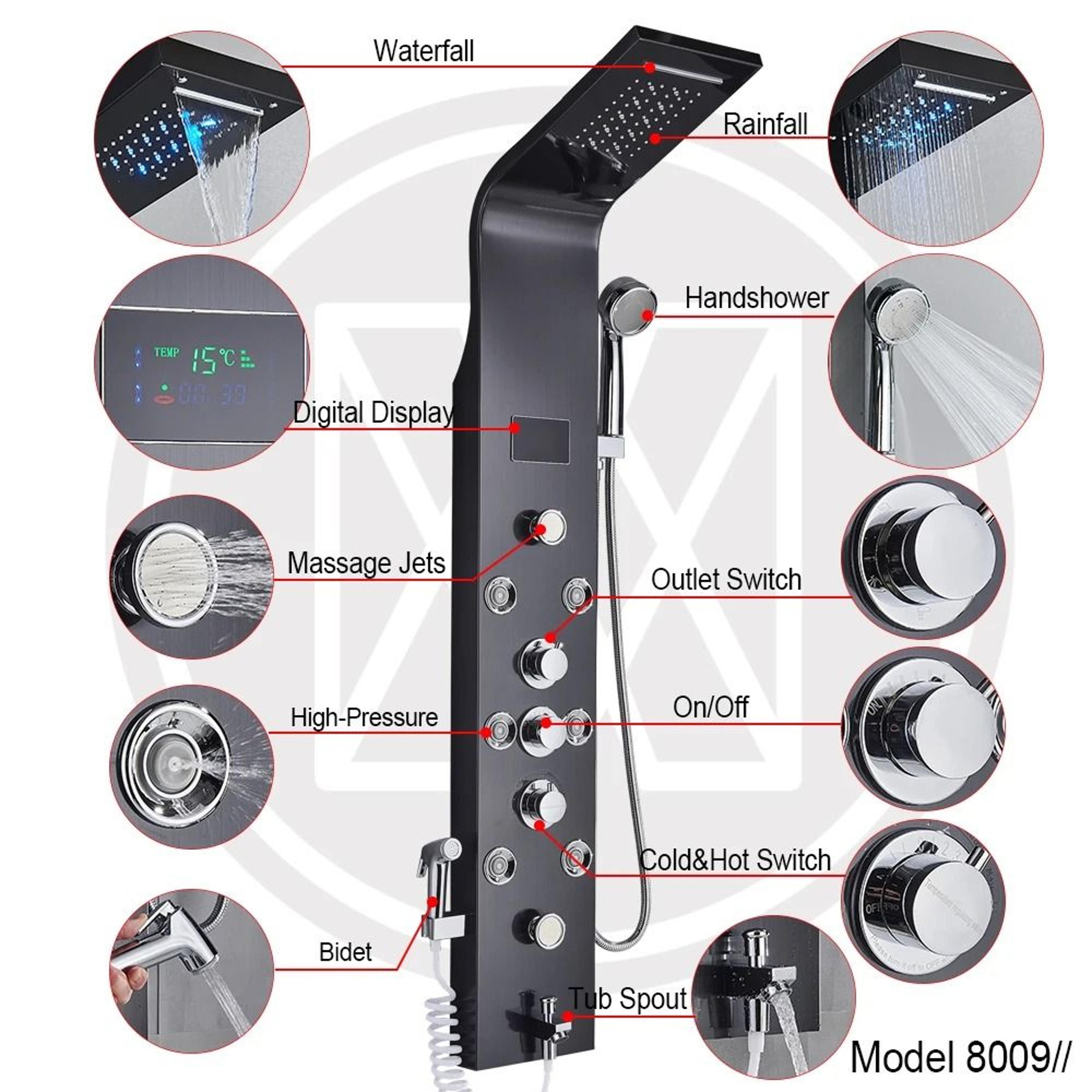 Black LED Light Shower Panel System  Modern Waterfall SPA Massage Column 4