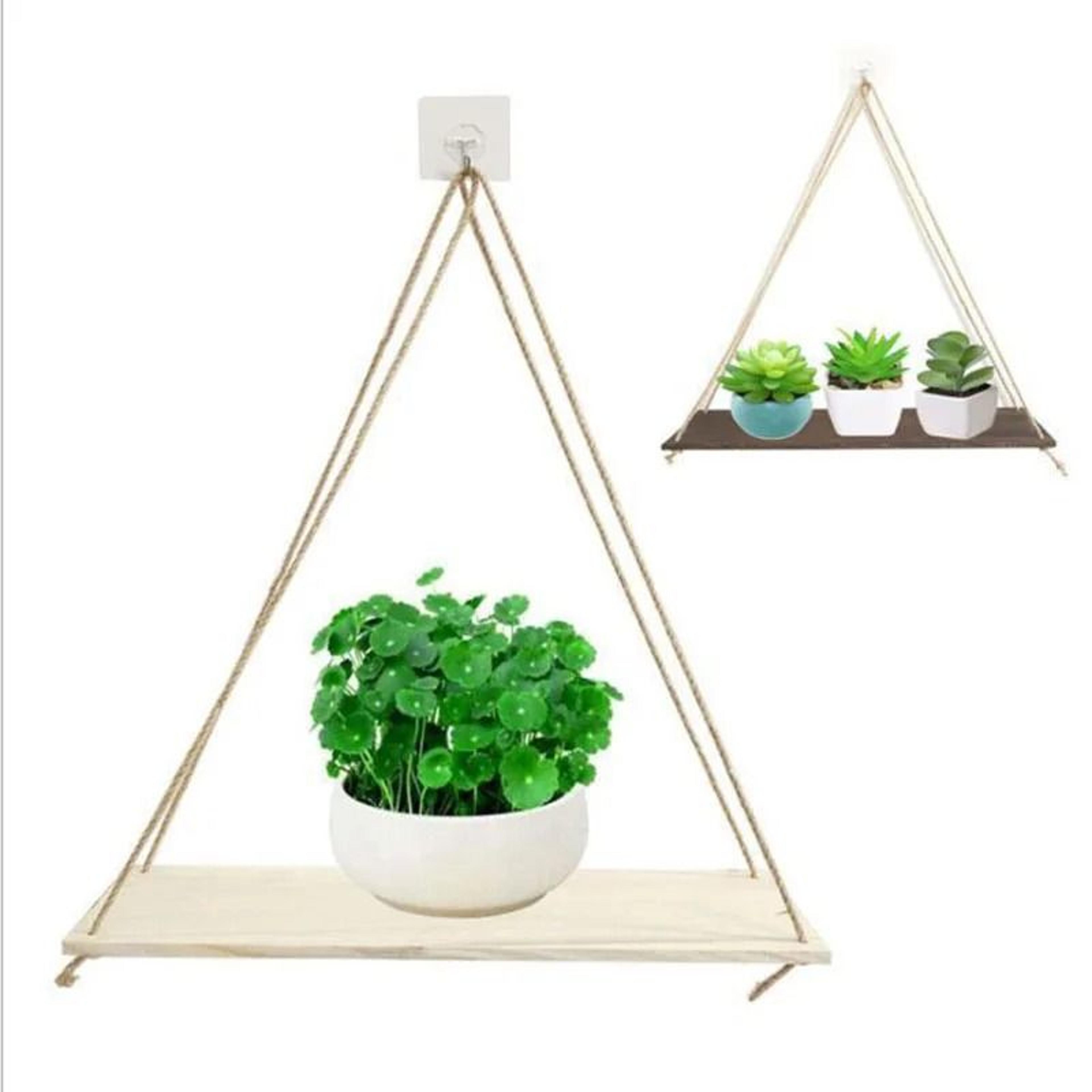 Floating Wooden Hanging Shelf  WallMounted Rope Storage Rack For Plants  Home Decor 5