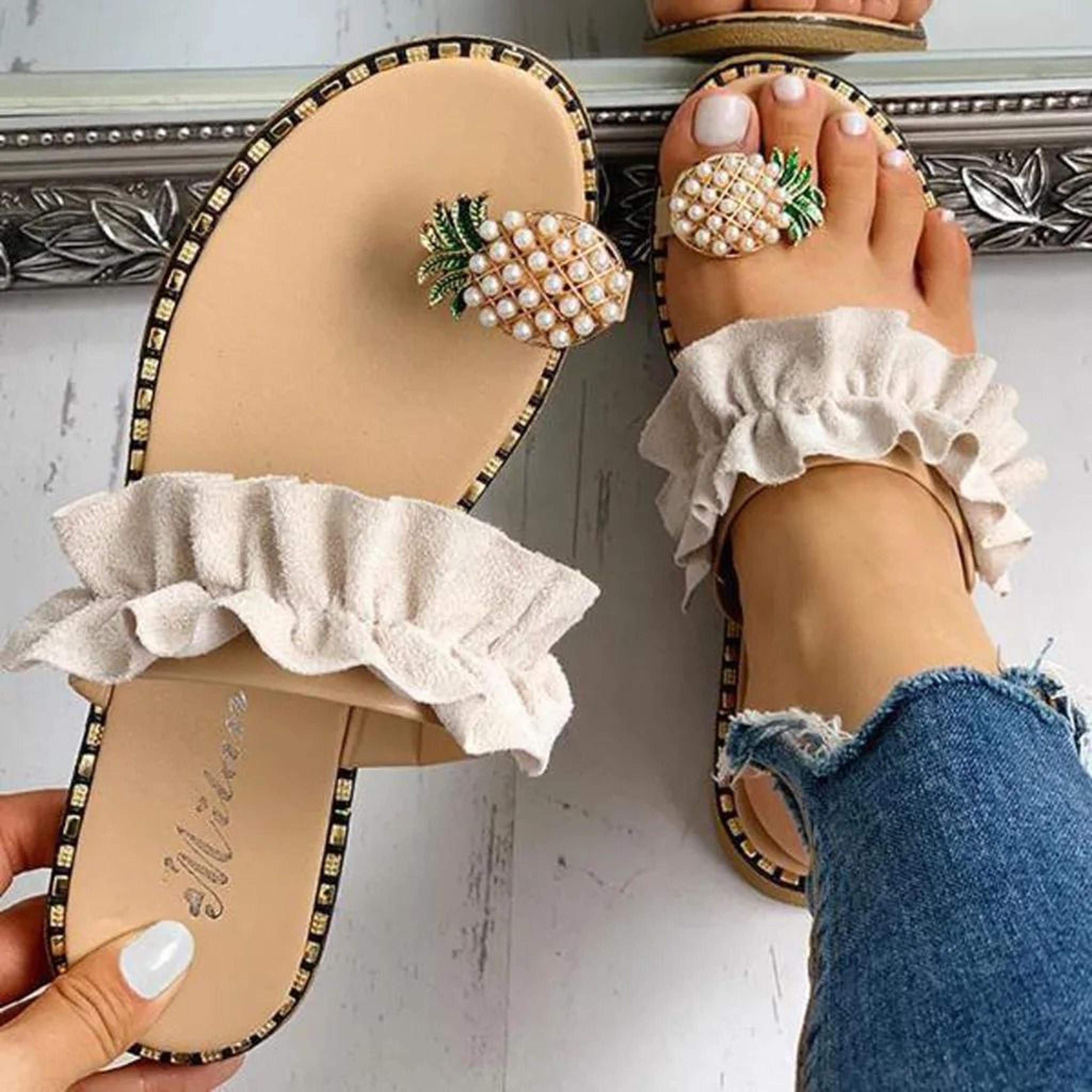 Bohemian Pineapple Pearl Flat Sandals  Summer Beach Slipper 10