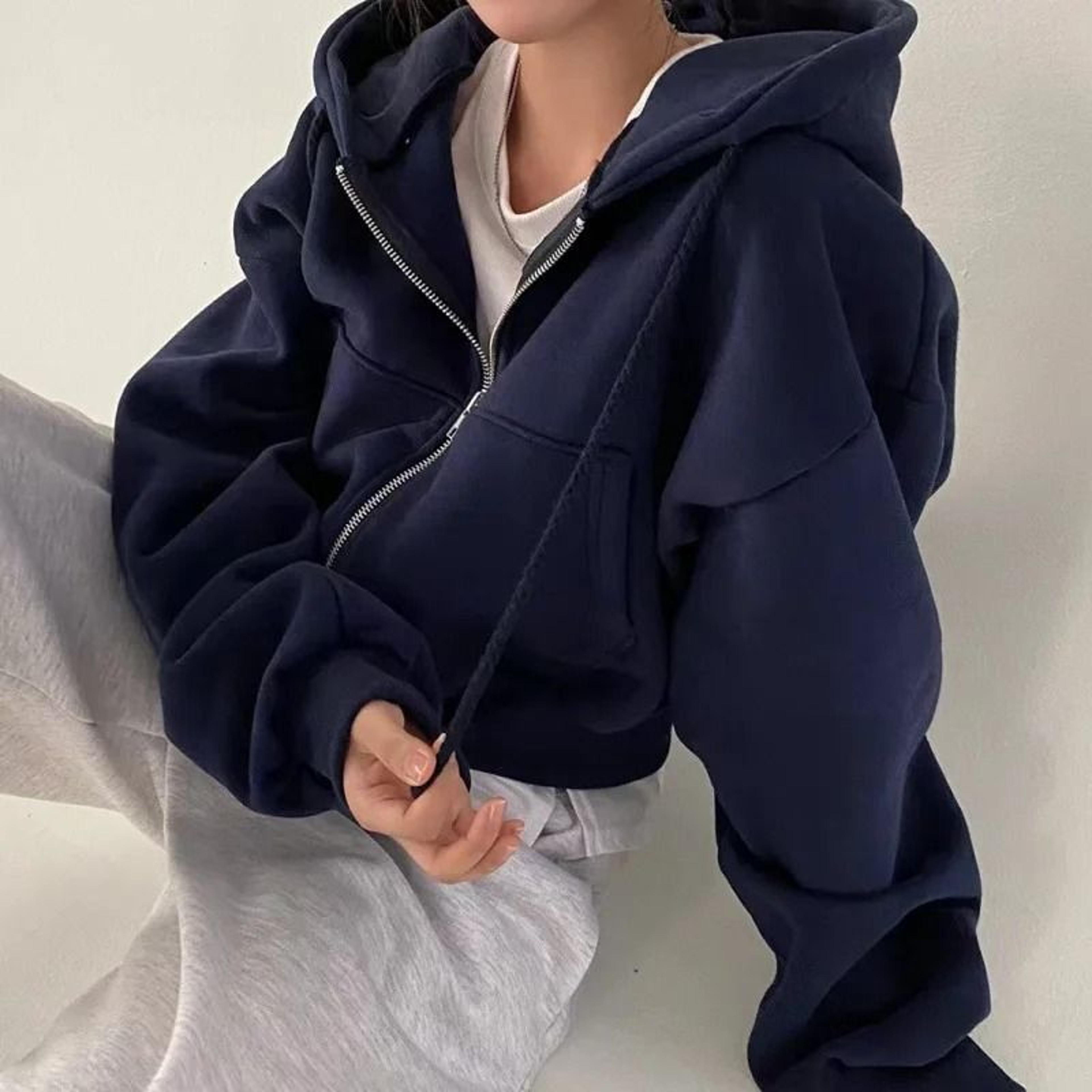 SlimFit FleeceLined Cropped ZipUp  Smooth Silhouette Navy Hoodie 2
