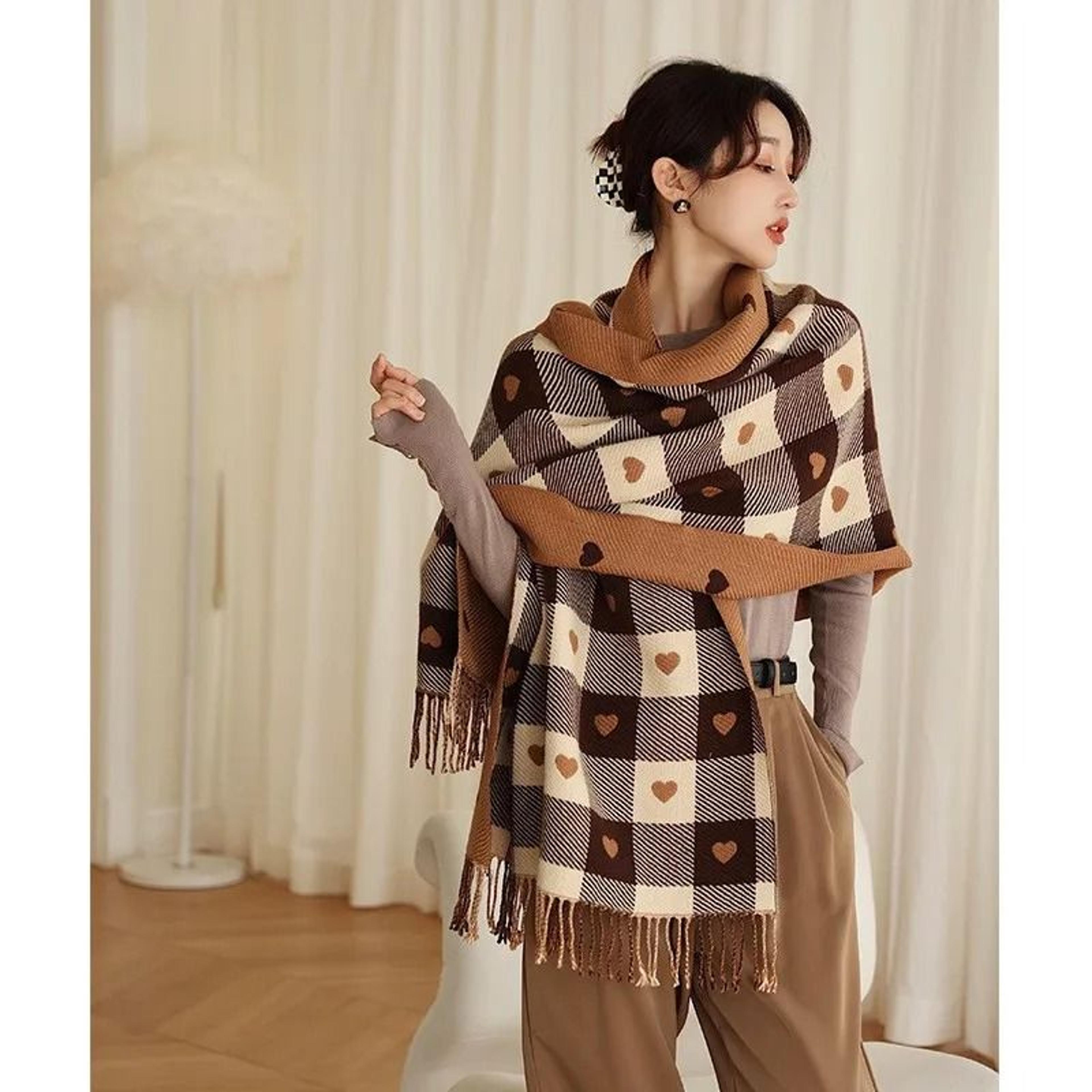 Autumn  Winter HeartShaped Plaid Scarf  Thick Oversized Blanket Shawl 4