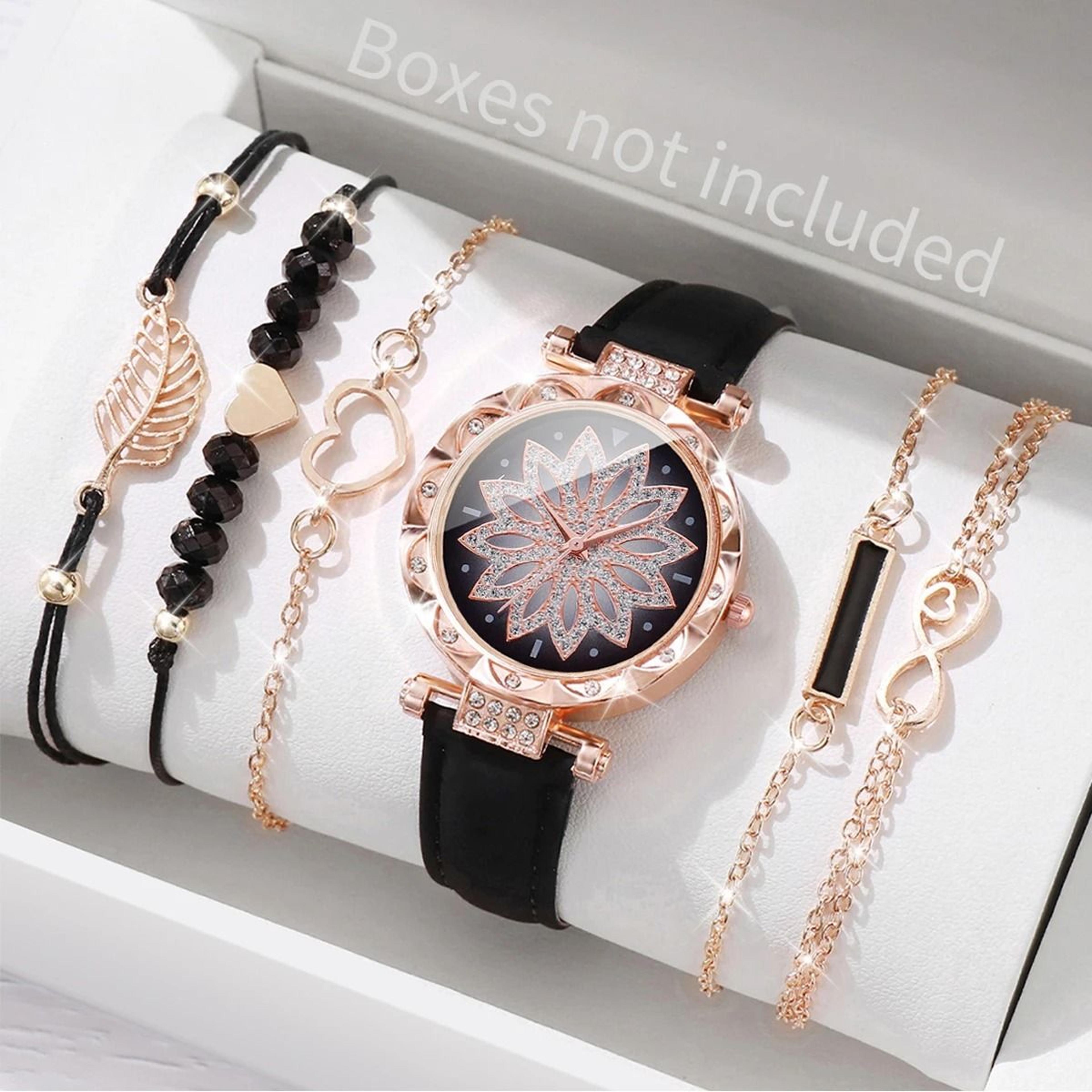 6Piece Fashion Heart Dial Watch Set  Elegant Leather Band  Leaf Bracelet Collection 12