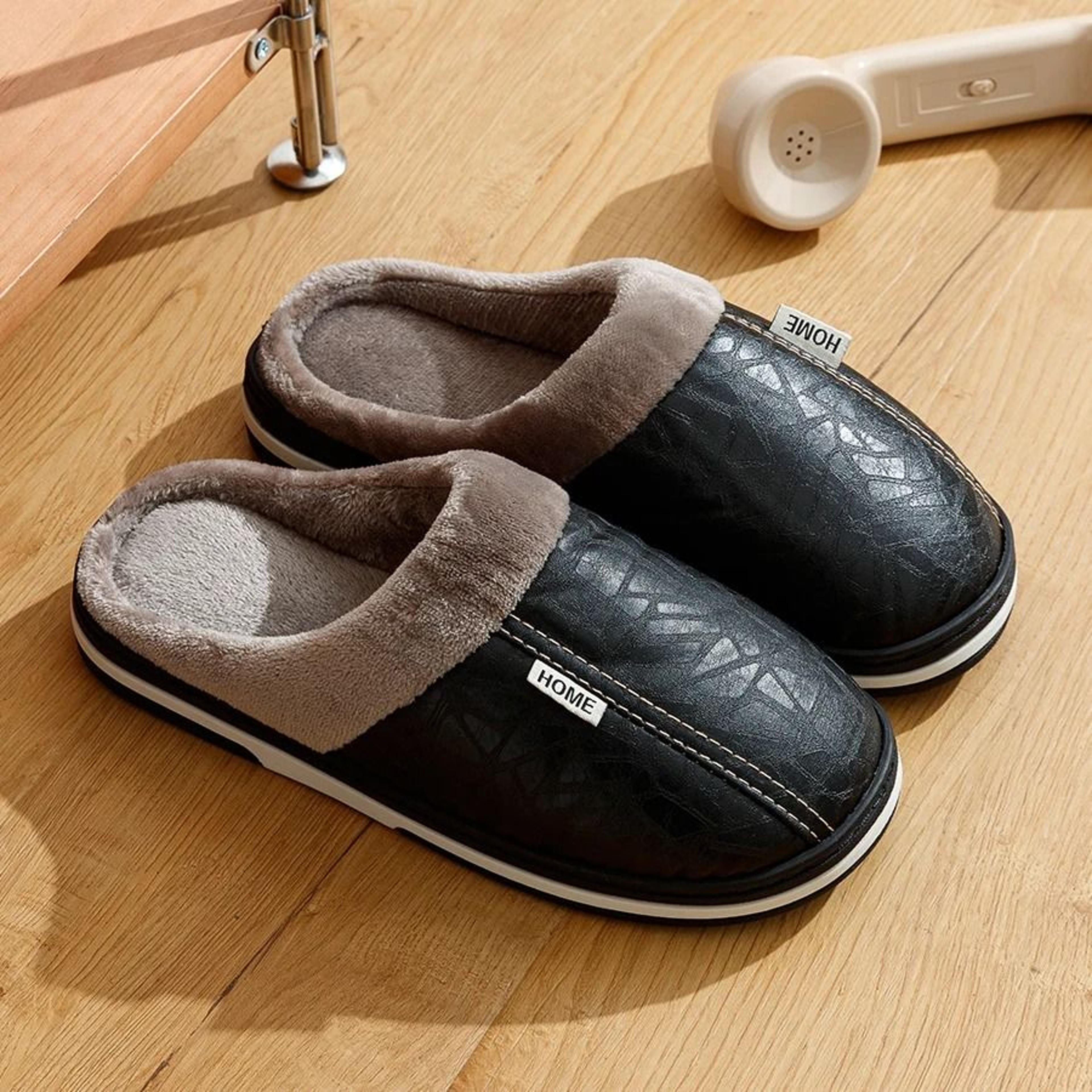 PU Leather Big Sizes Mens Slippers  Waterproof Winter Home Houseshoes 7