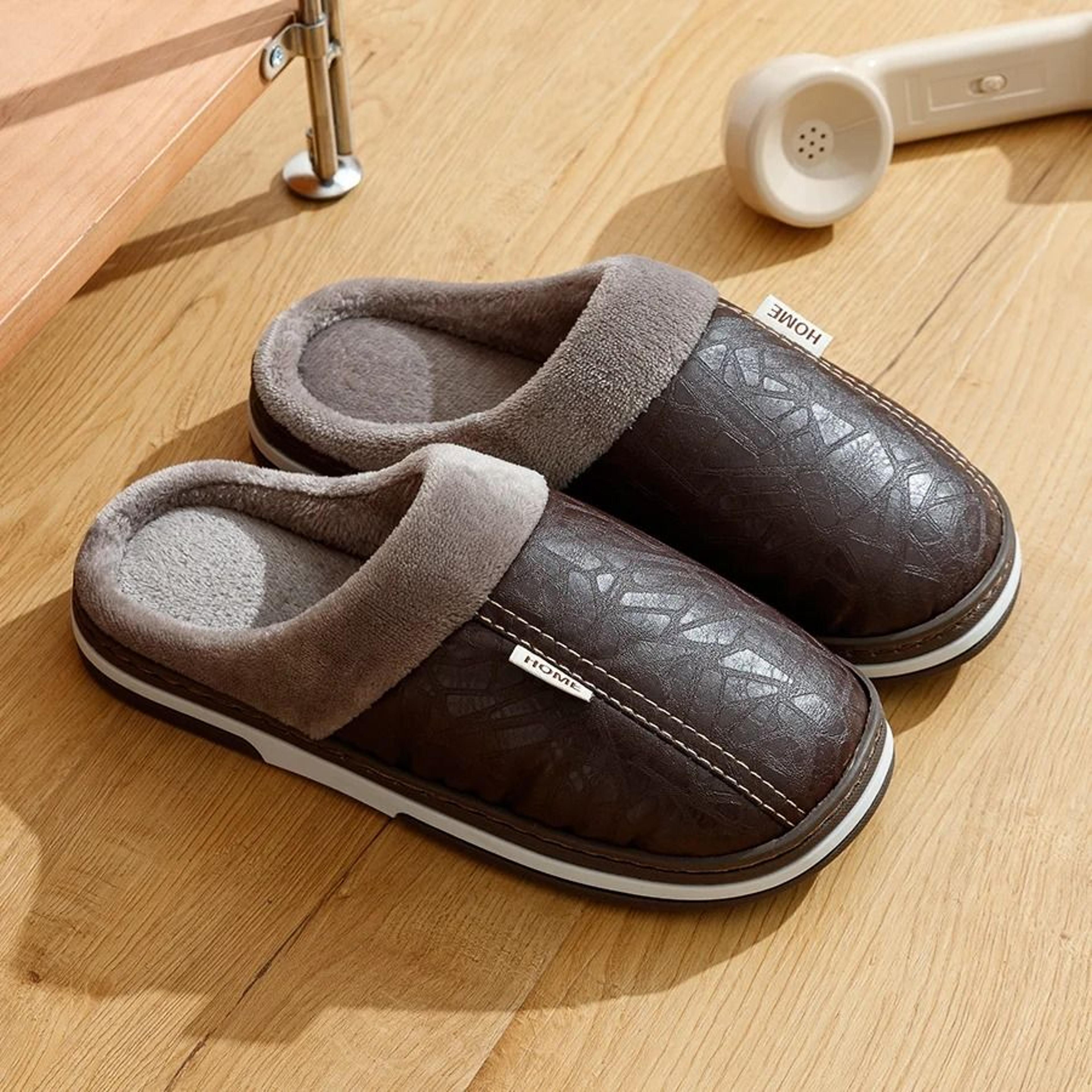 PU Leather Big Sizes Mens Slippers  Waterproof Winter Home Houseshoes 8