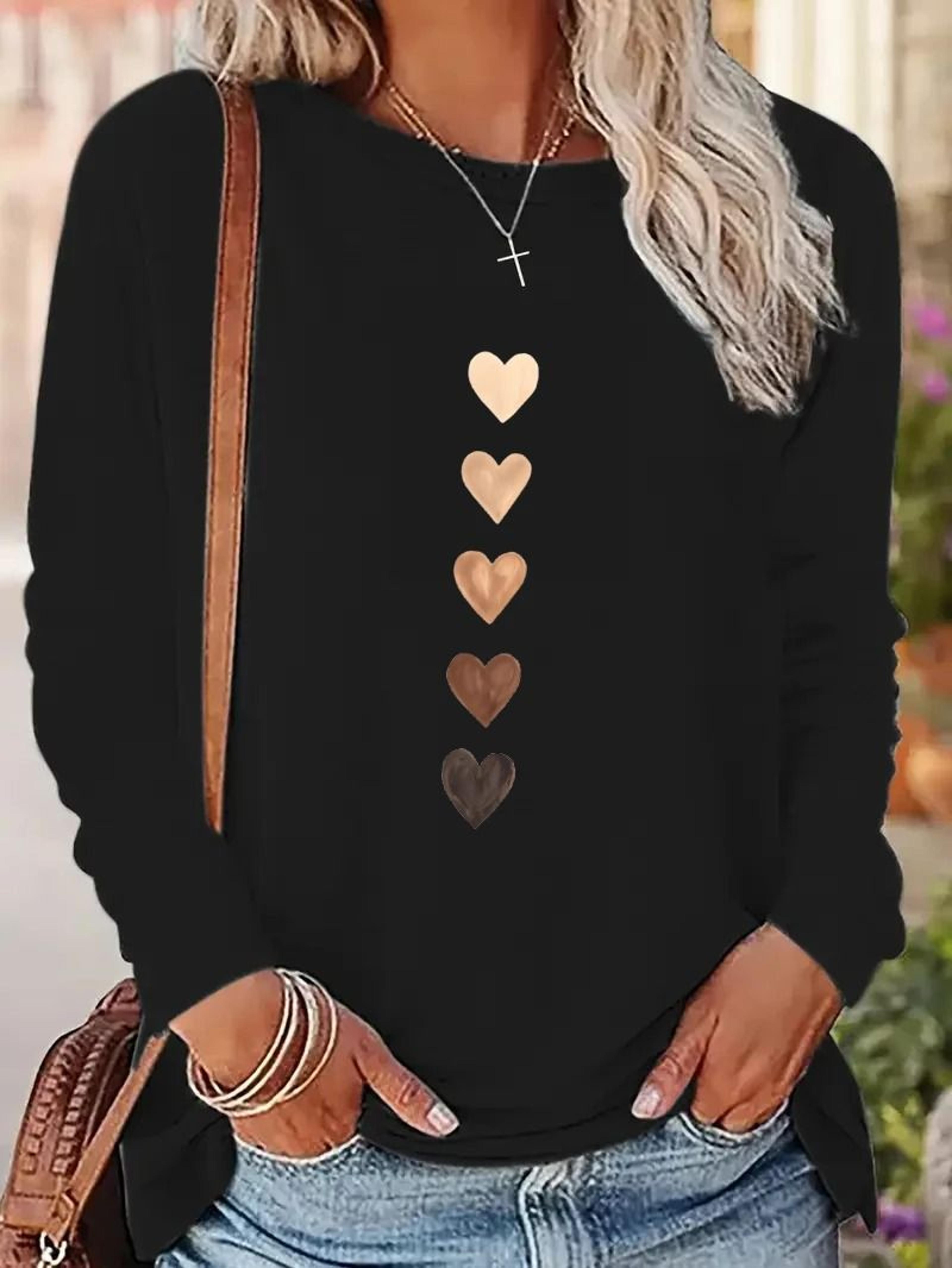 Y2K Vintage Love Heart Print Long Sleeve Shirt  Casual Crew Neck Retro Tee 4