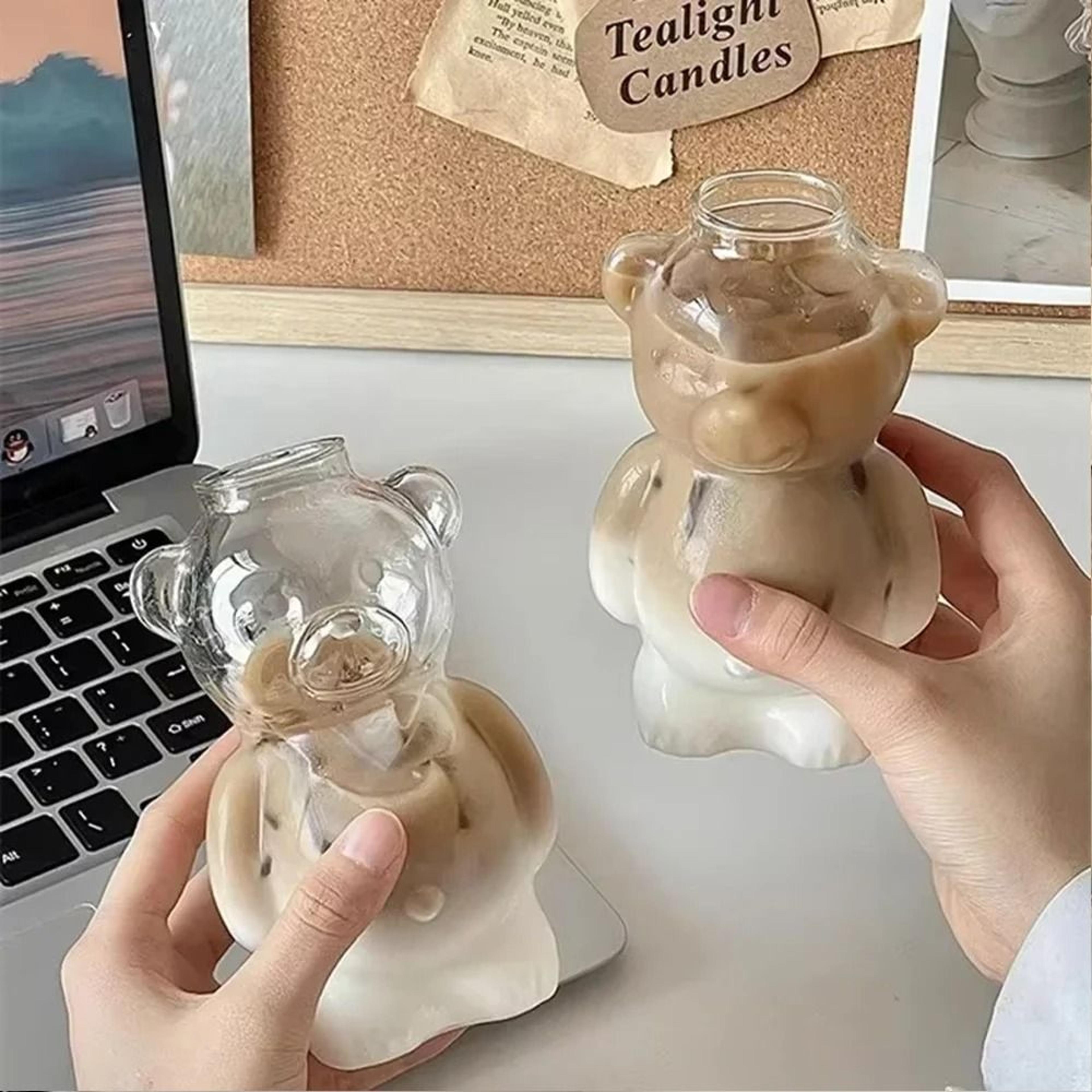 Cartoon Bear Glass Mug  108 Oz Creative Transparent Cup With Straw 0