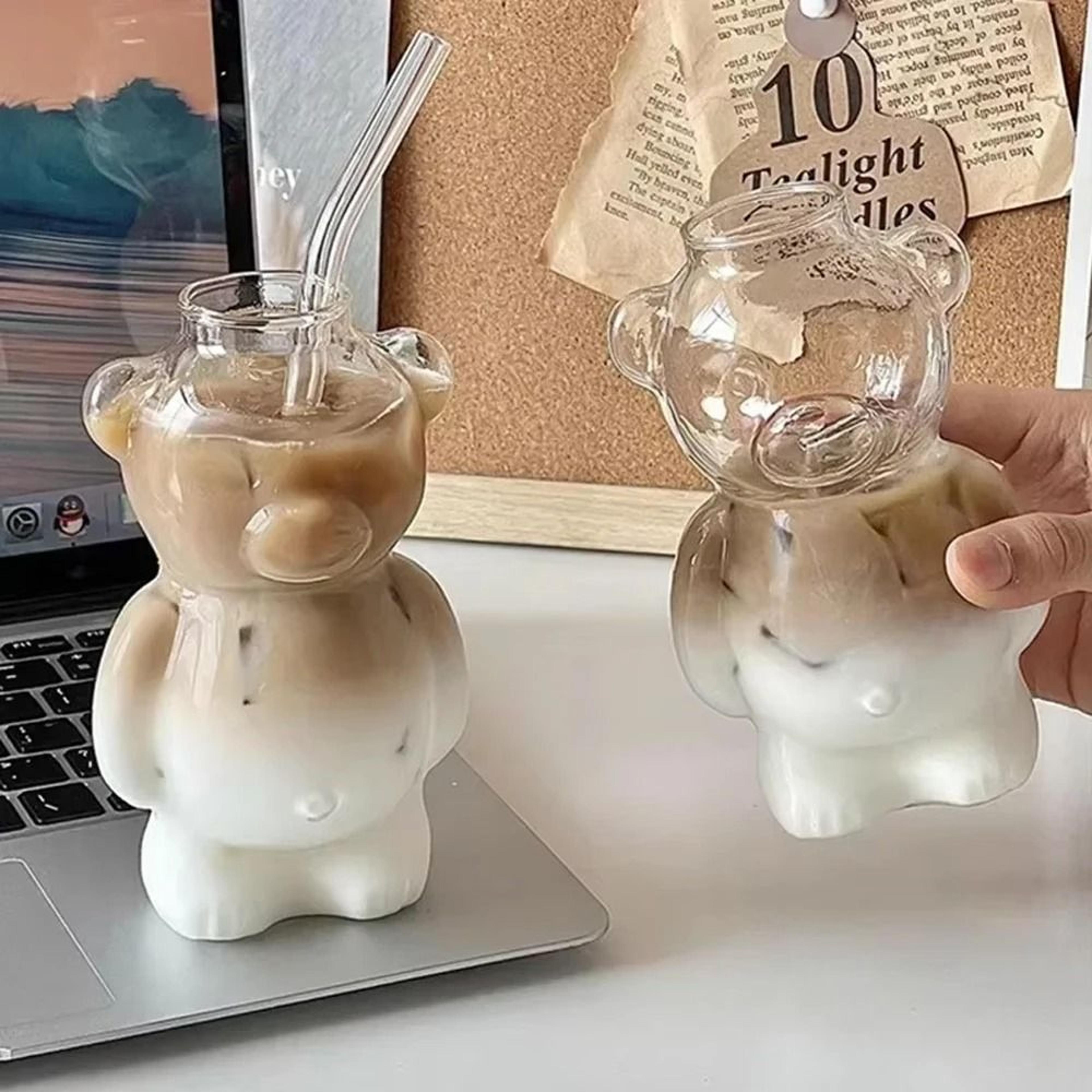 Cartoon Bear Glass Mug  108 Oz Creative Transparent Cup With Straw 4