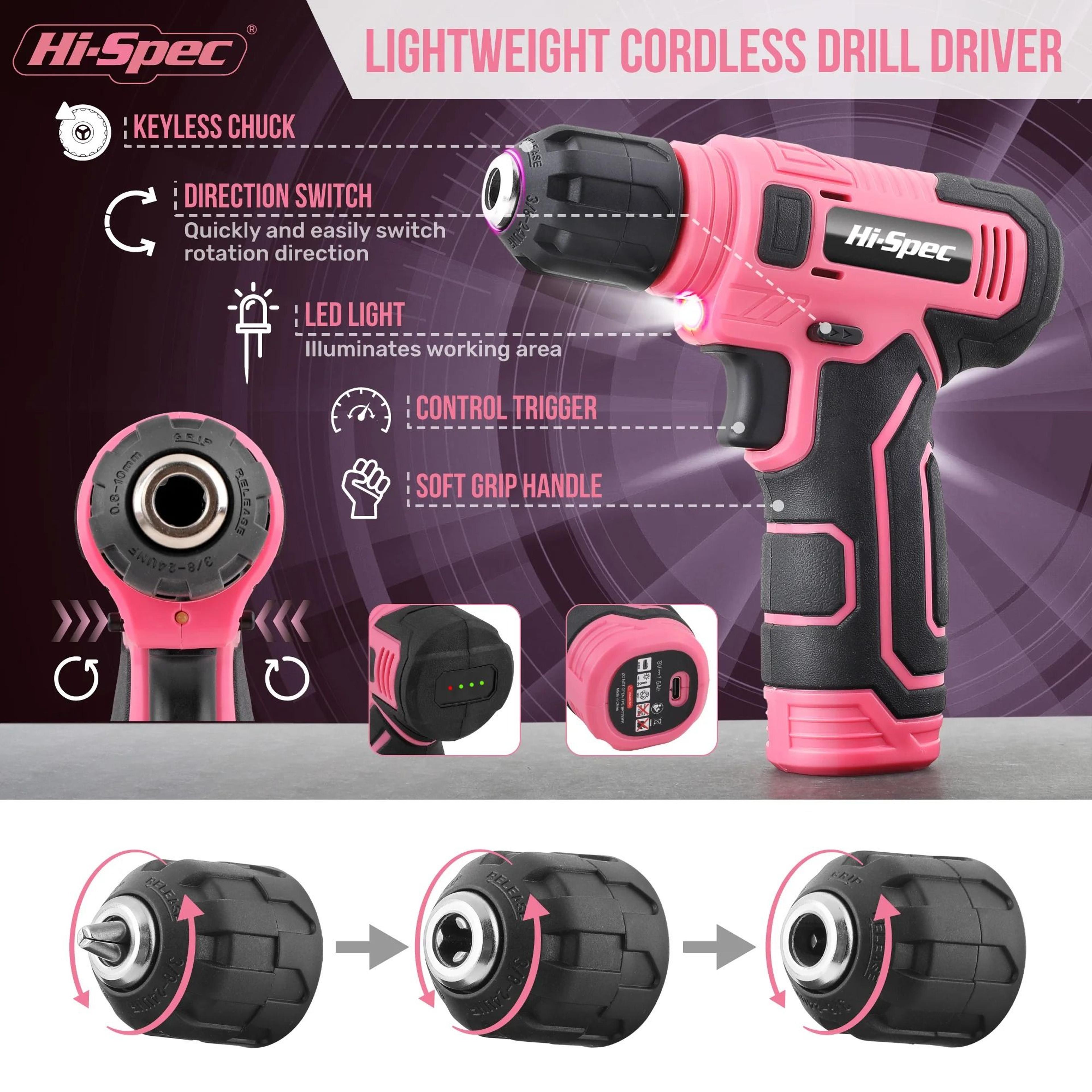 133PC Power Tool Set With 8V Lithium Drill  Pink Home Repair Toolbox  Precision Bit Kit 1