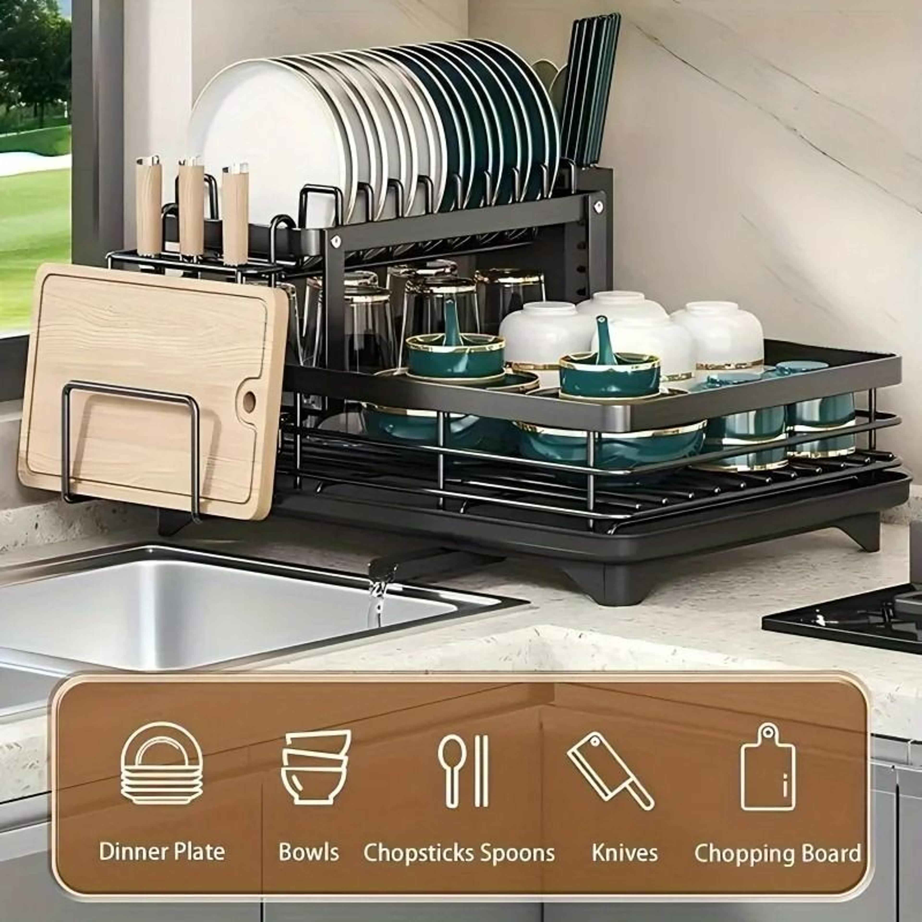 DoubleTier Extendable Dish Drainer  HighCapacity Utensil Rack  Kitchen Draining System 0