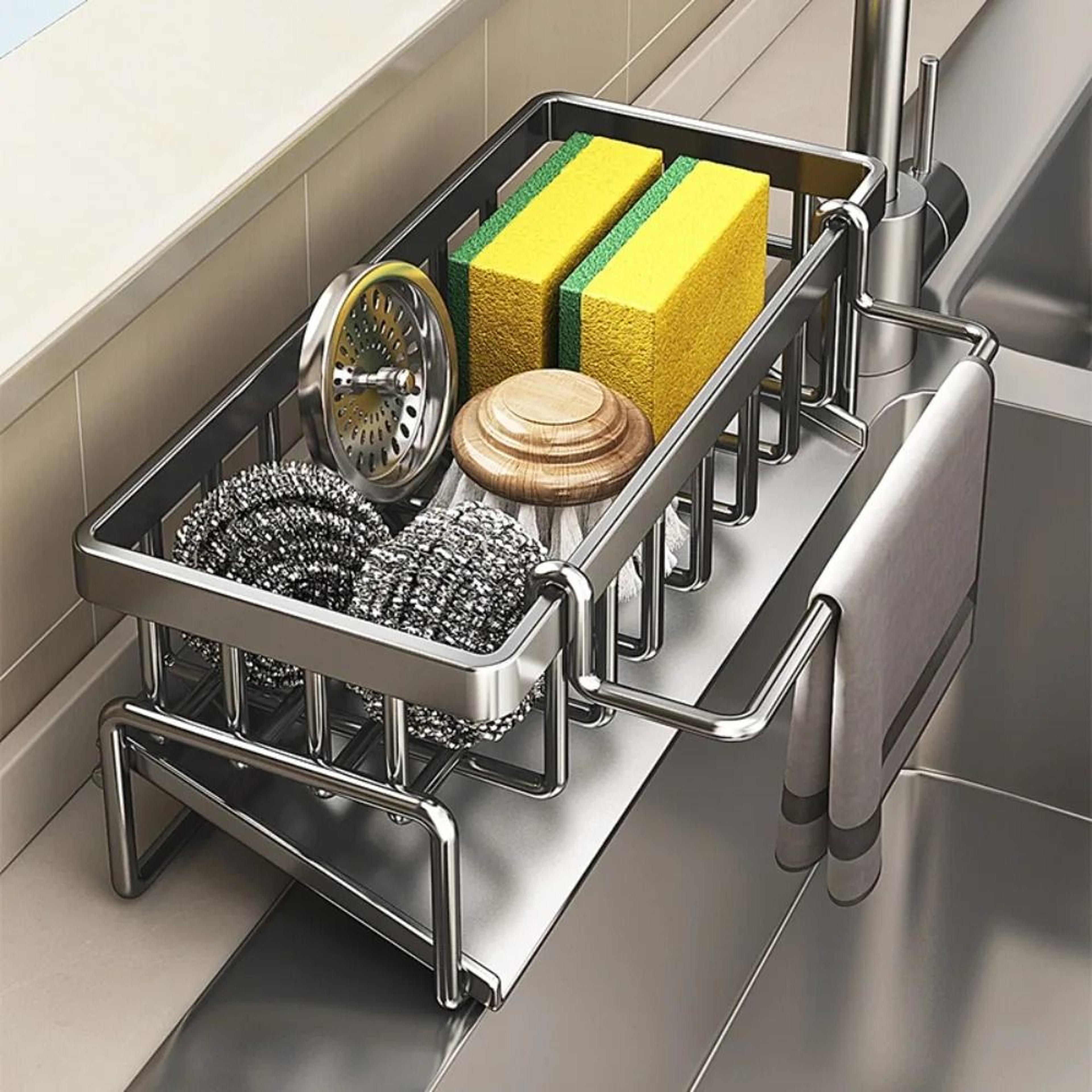 Stainless Steel Sink Organizer  MultiLayer Drain Rack With Integrated Sponge  Soap Holder 0